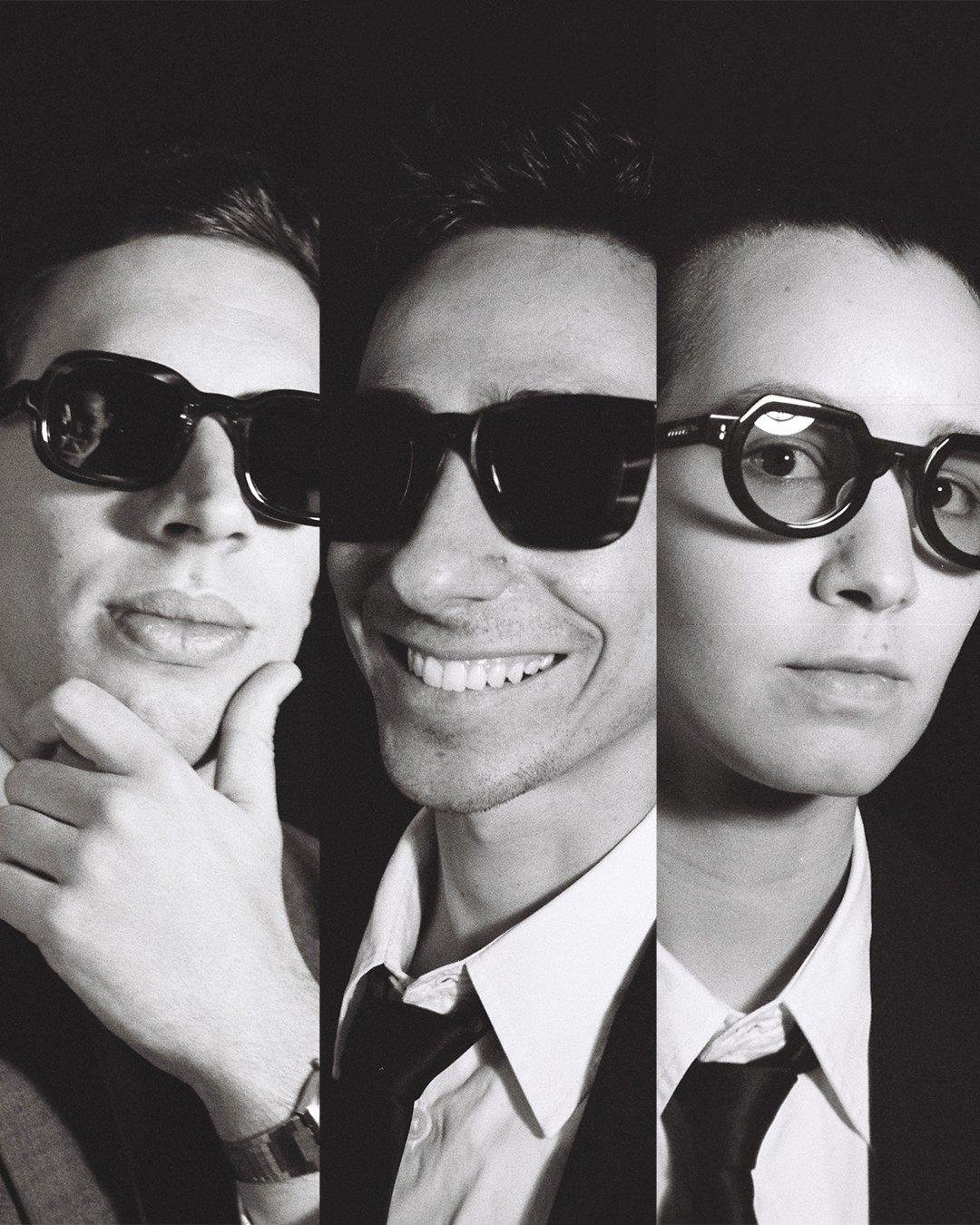 An image divided into three sections, showing a different person wearing sunglasses.