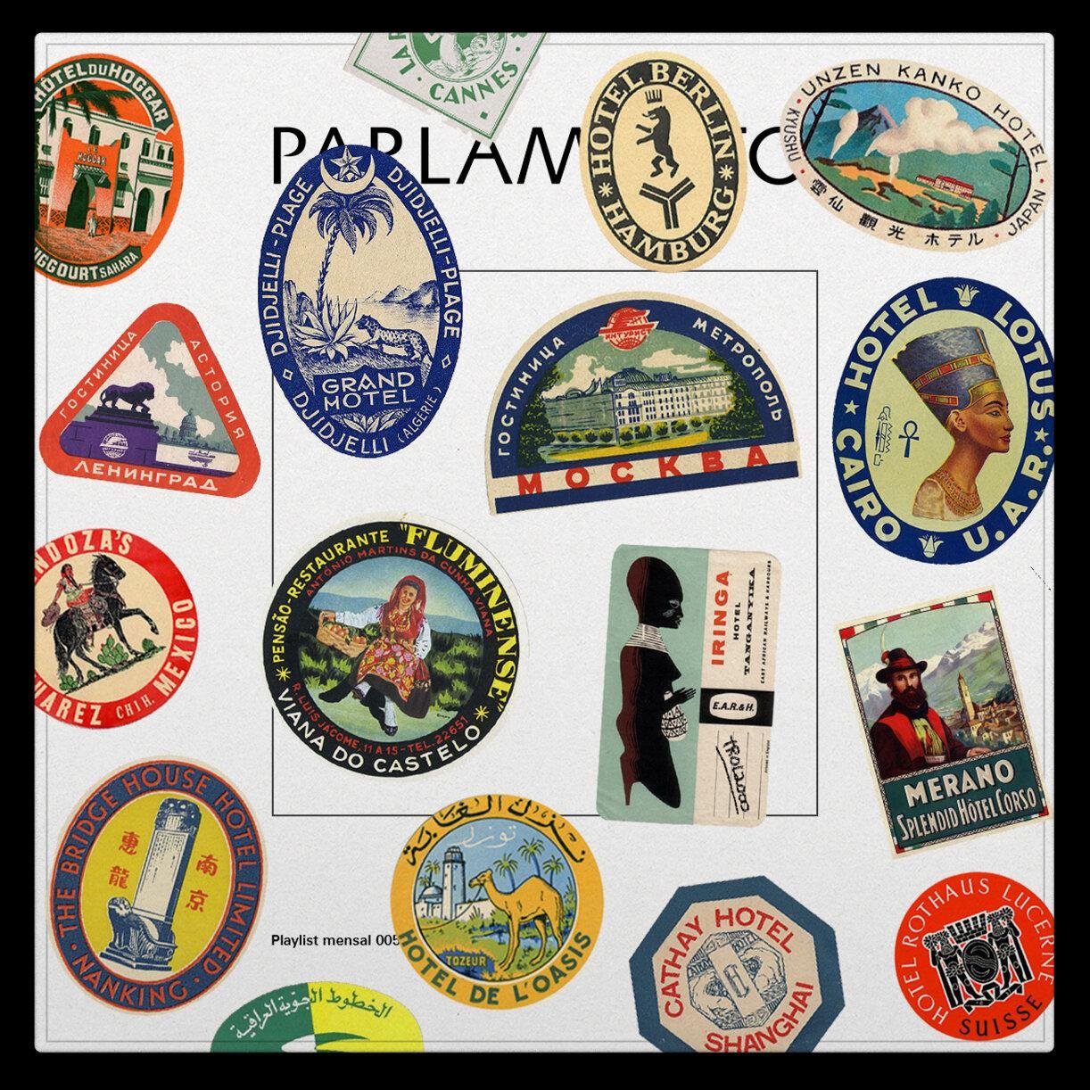 A collection of colorful vintage hotel and travel stickers in patterned fabric.