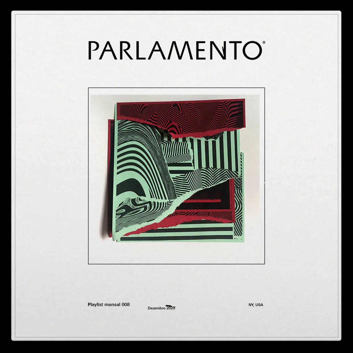 Abstract geometric art with layered shapes in red and green tones.