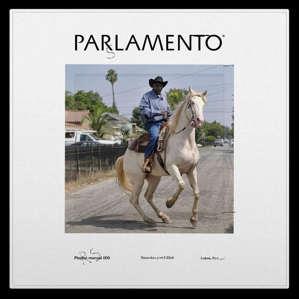 A man in a cowboy hat rides a light-colored horse down a suburban street.