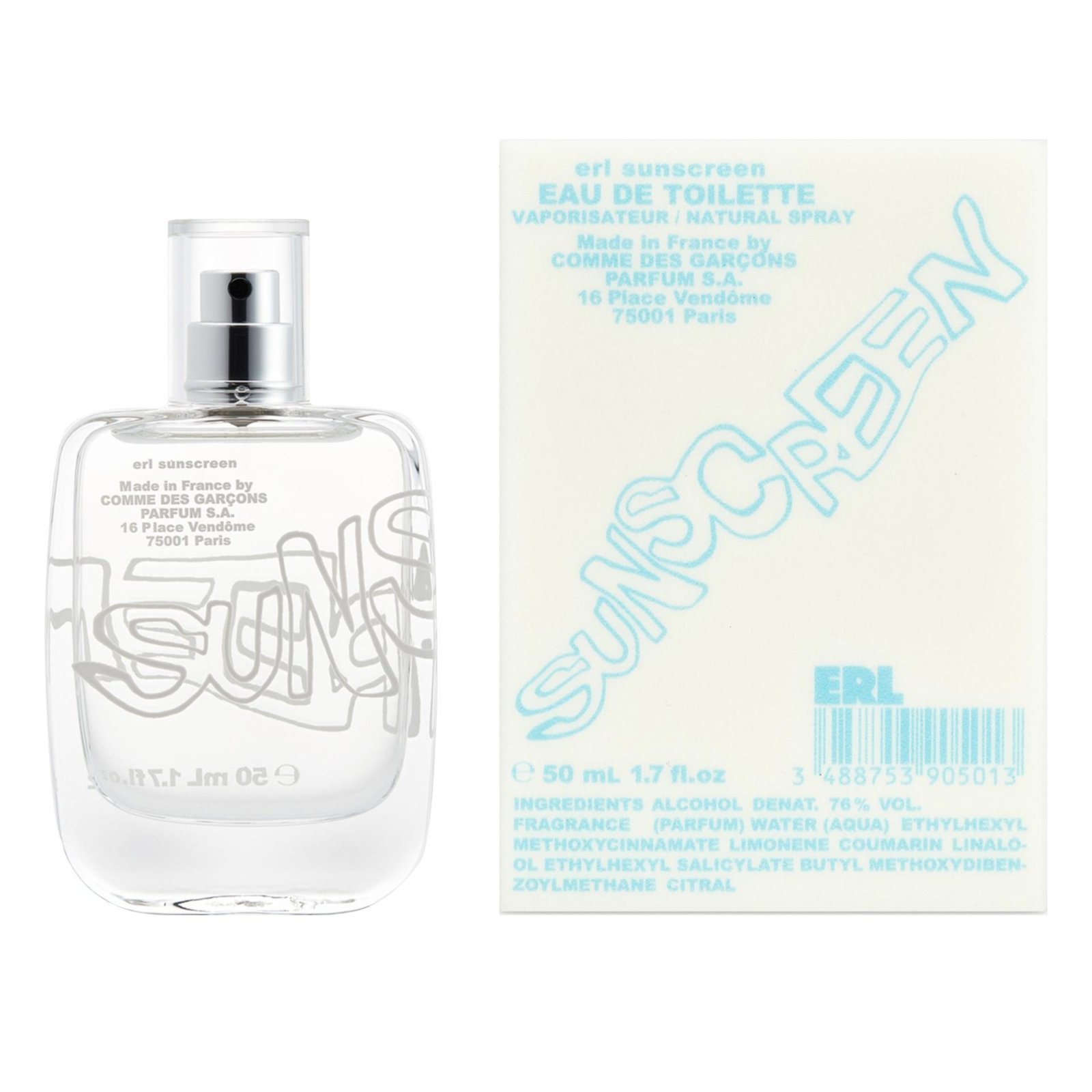 CDG ERL Sunscreen and box front view in a white background