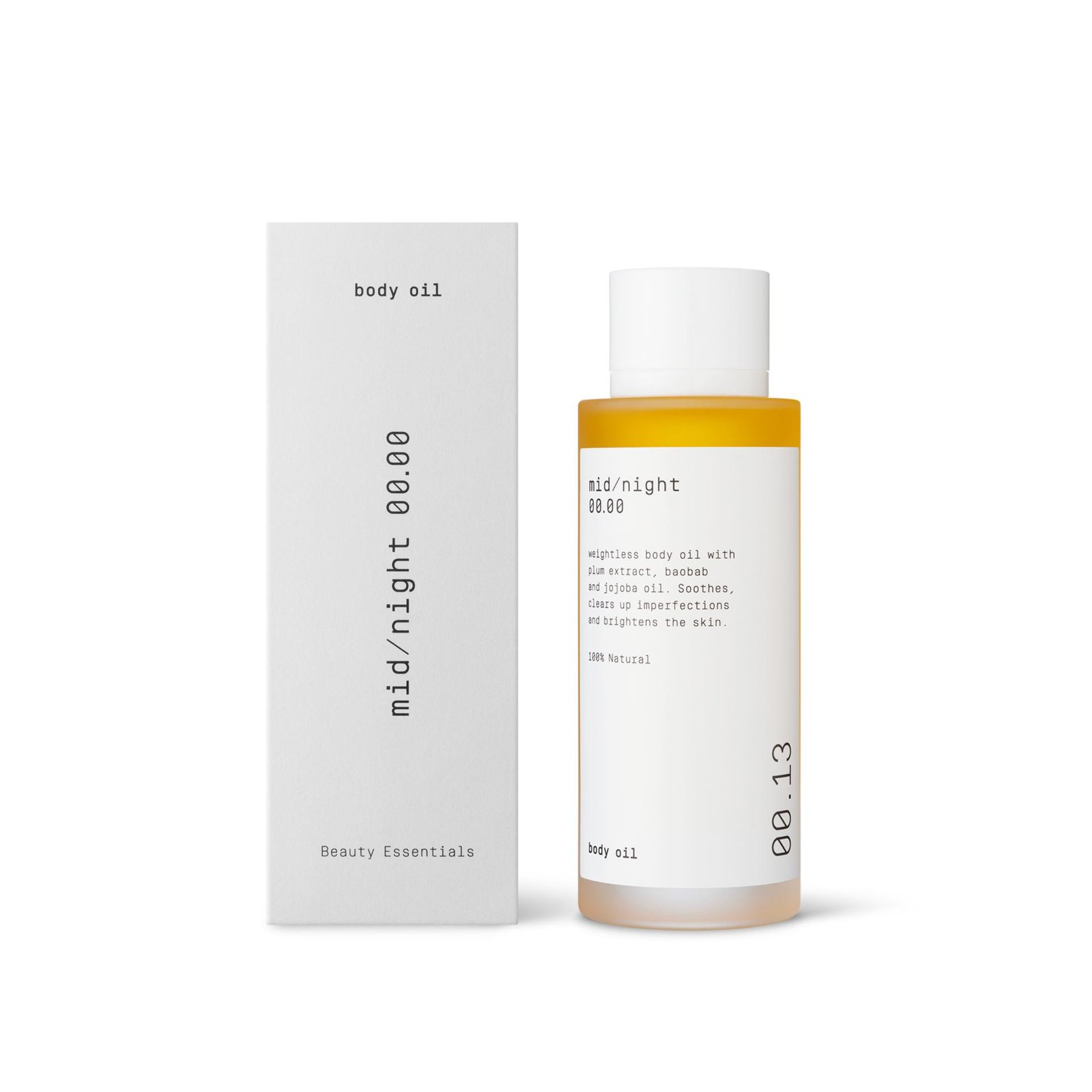 Midnight 00.00 Body Oil 00.13 bottle and its box.