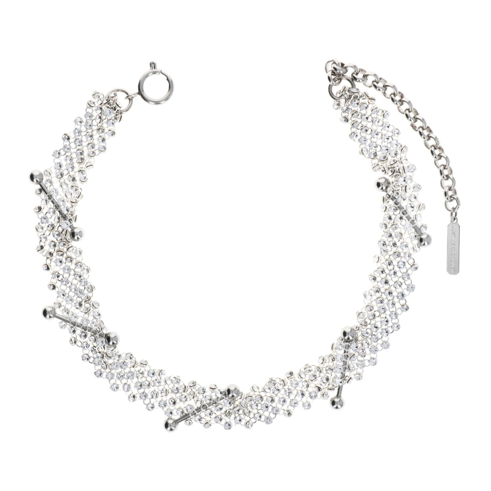 Justine Clenquet Crystal Choker over a white bckground.