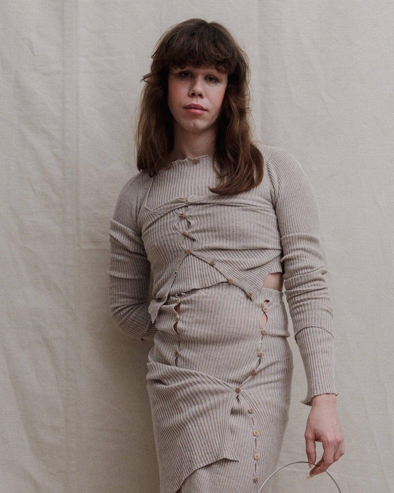 Model wearing Baserange Birgi Cardigan from the front.