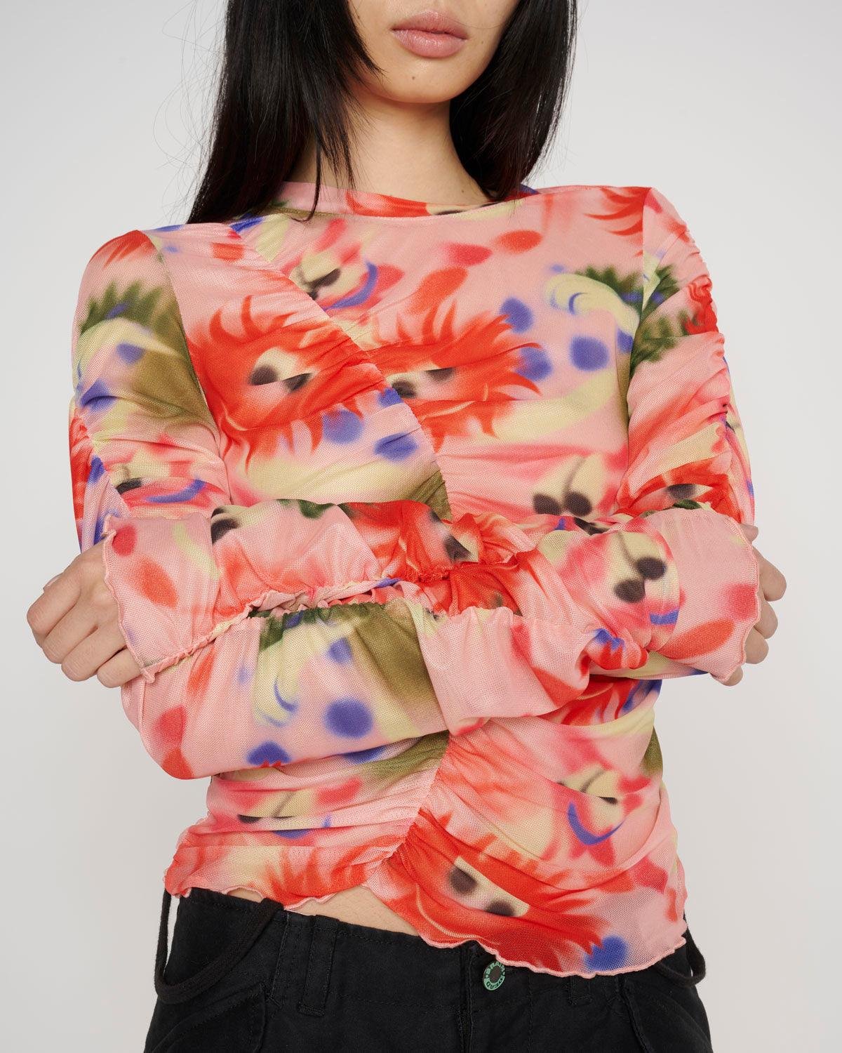 detail of Model wearing Brain Dead Fuzzy Friends Ruched Hyper Mesh Top front