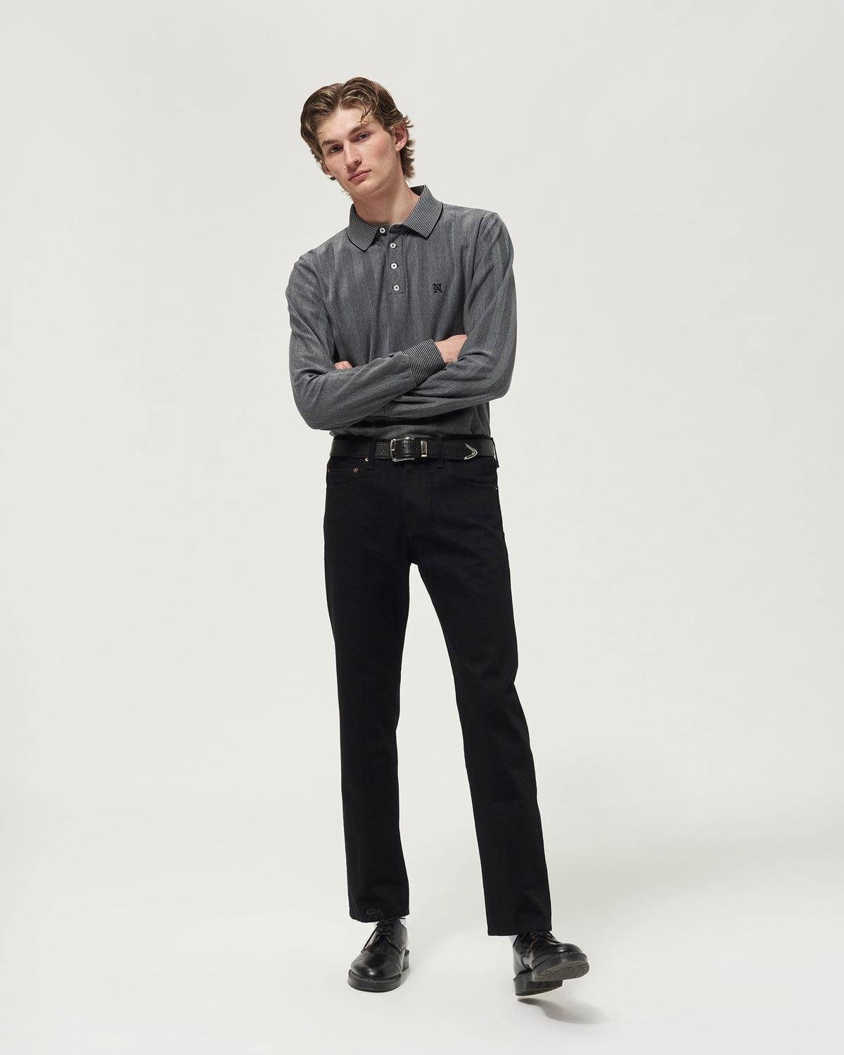 Male model using the Noah Jacquard Longsleeve Polo