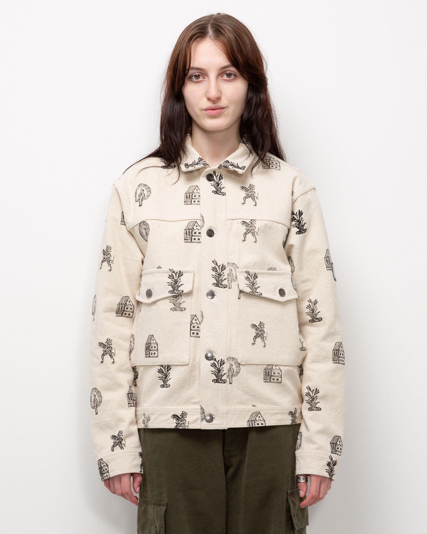 Person wearing the Heresy Woodcut Jacket from the front.