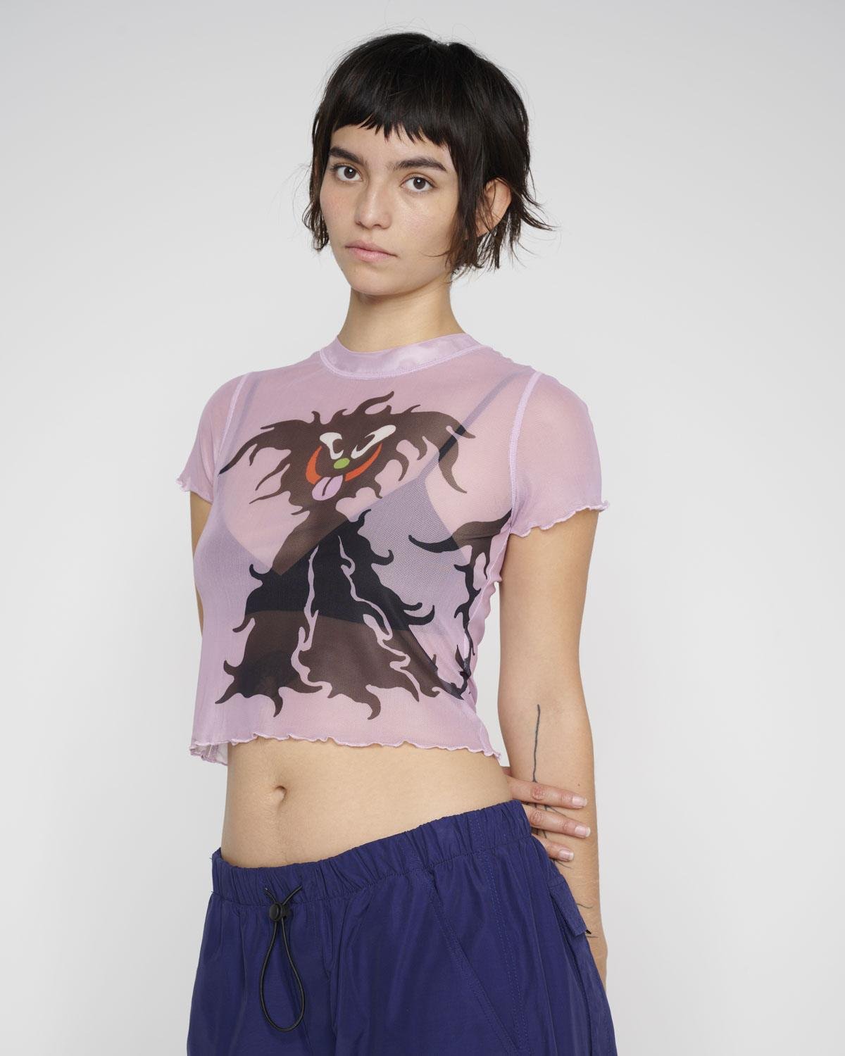 model wearing the Brain Dead Bucket Hypermesh Top front