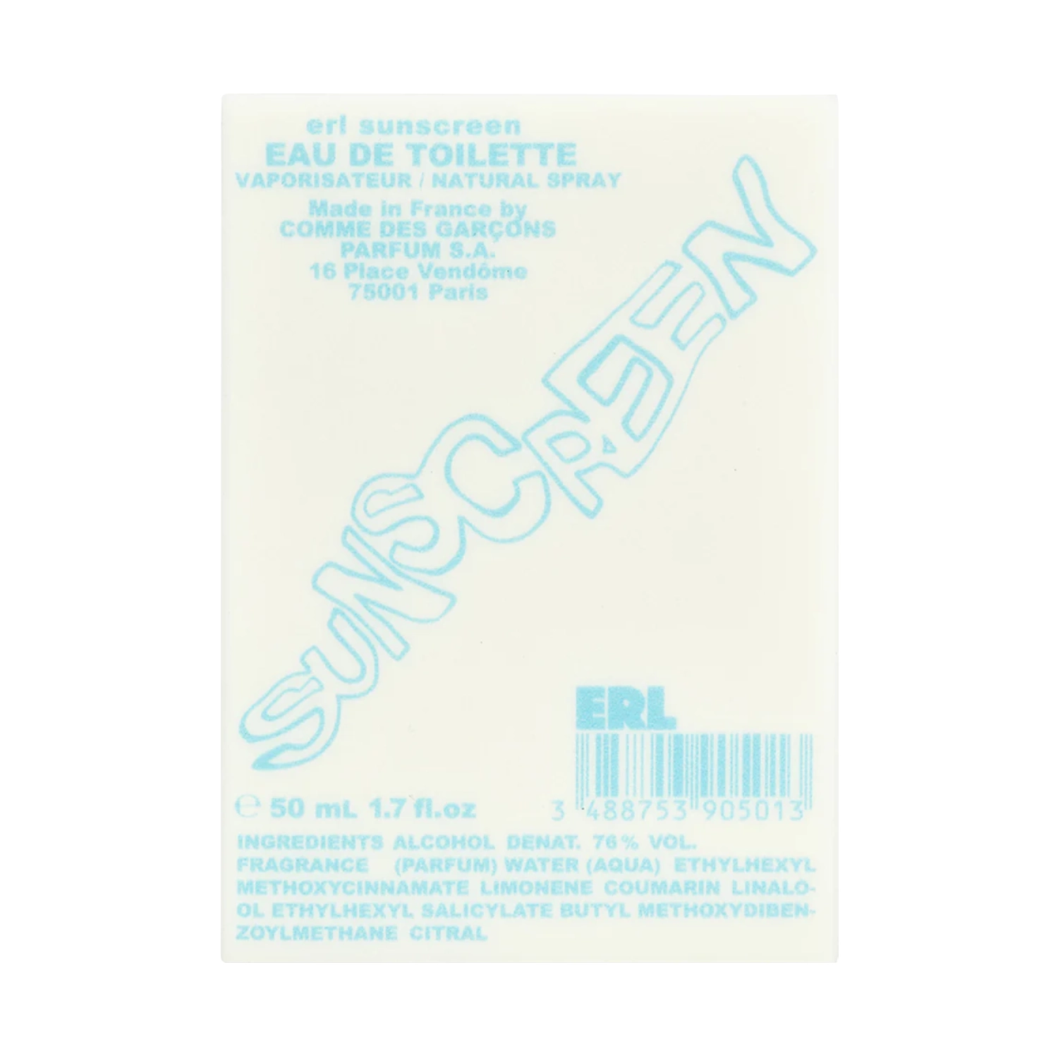 CDG ERL Sunscreen box front view in a white background