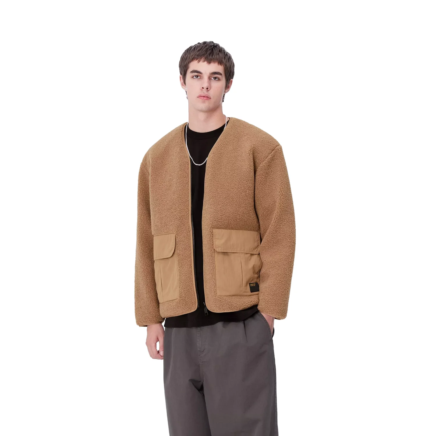 Carhartt WIP Devin Liner Beige front view on model in a white background