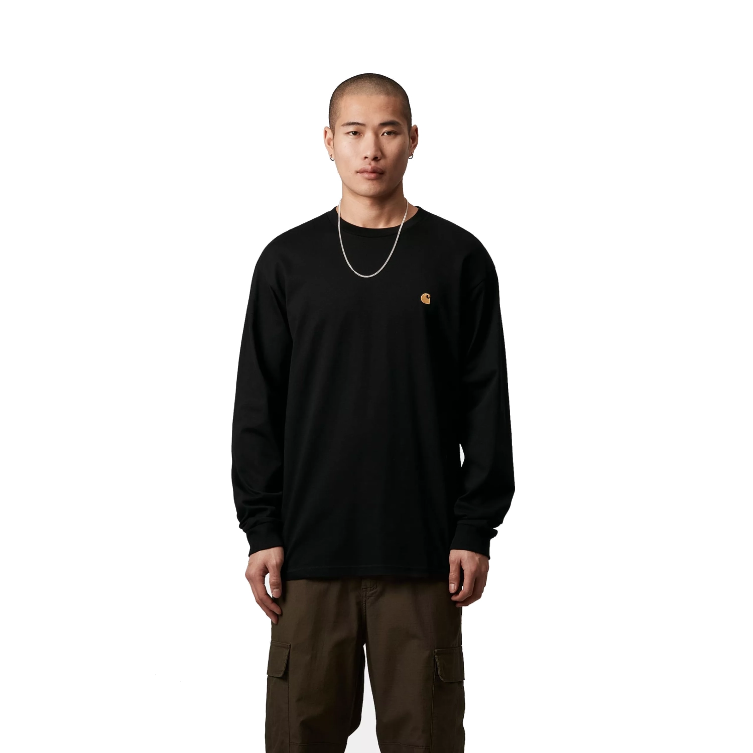 Carhartt WIP Long Sleeve Chase T-Shirt Black front view on model in a white background
