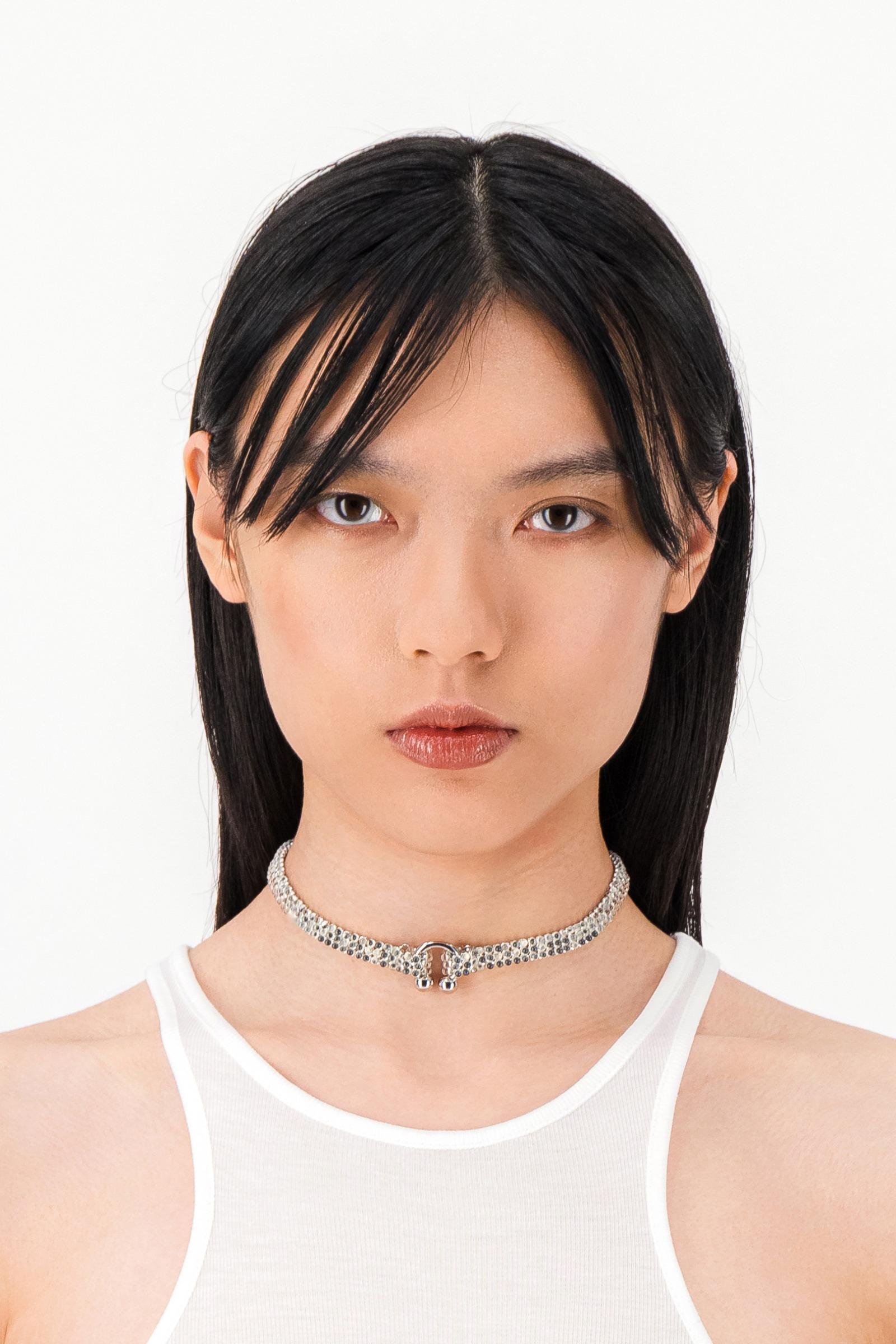 Model Wearing the Justine Clenquet Rosemary Choker Palladium