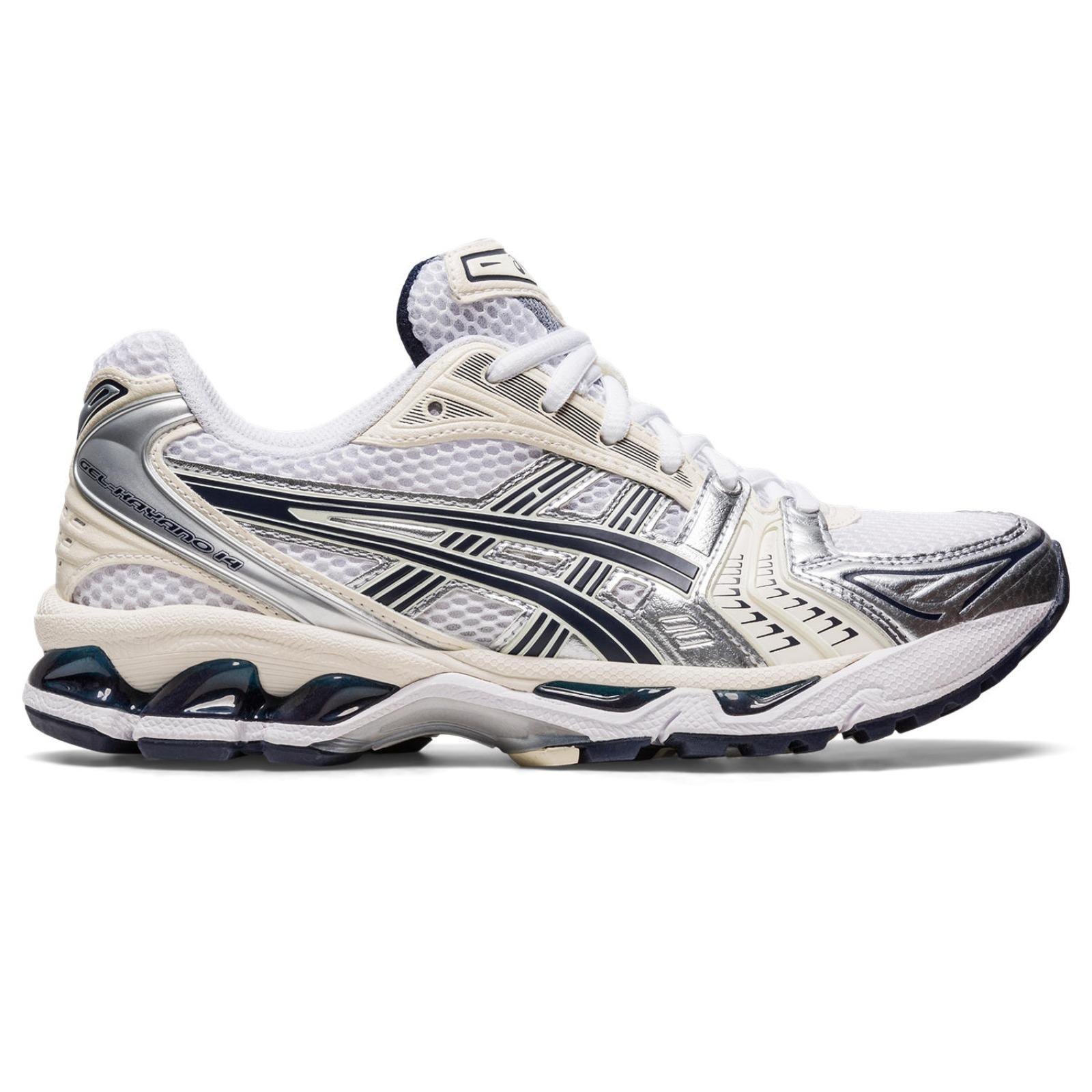 Asics Gel-Kayano 14 White/Midnight from the right side.