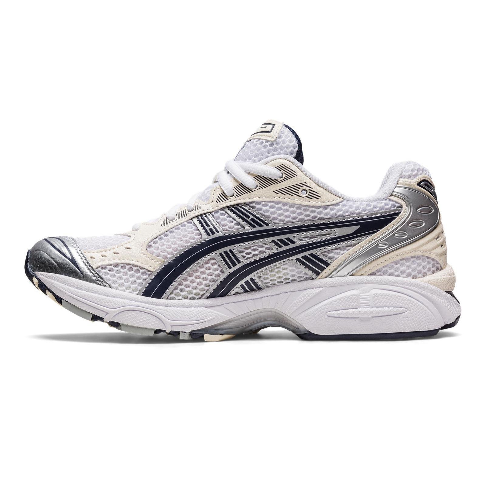 Asics Gel-Kayano 14 White/Midnight from the left side.