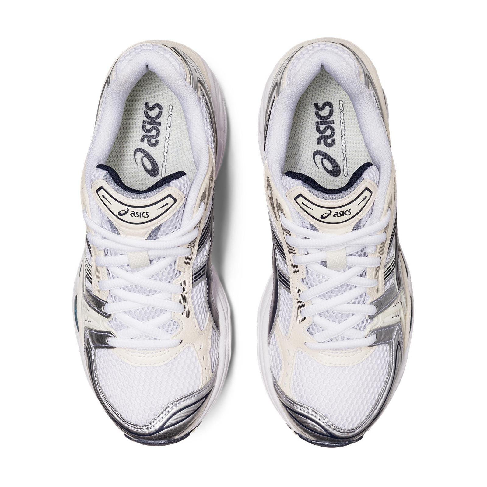 A pair of Asics Gel-Kayano 14 White/Midnight from above.