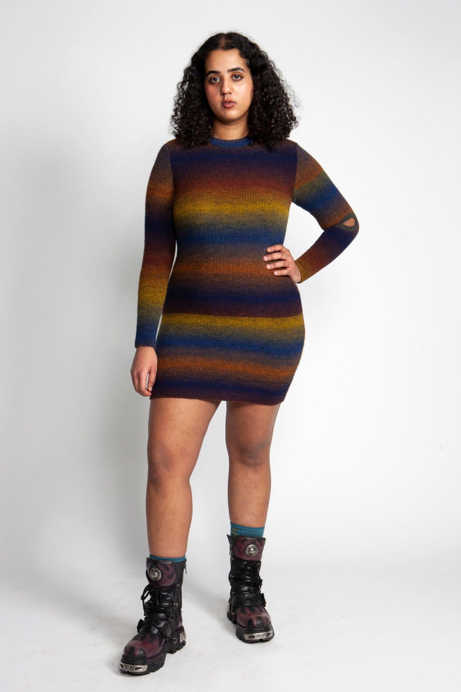 Person wearing the Aries Boucle Space Dye Holey Dress