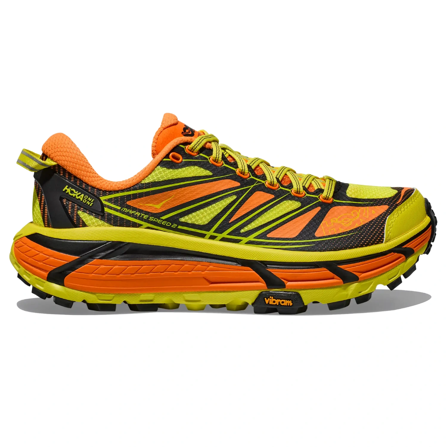 Hoka Mafate Speed 2 Electric Tangerine/Hoka Citrus side view in a white background
