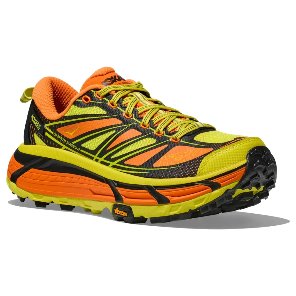 Hoka Mafate Speed 2 Electric Tangerine/Hoka Citrus side view in a white background