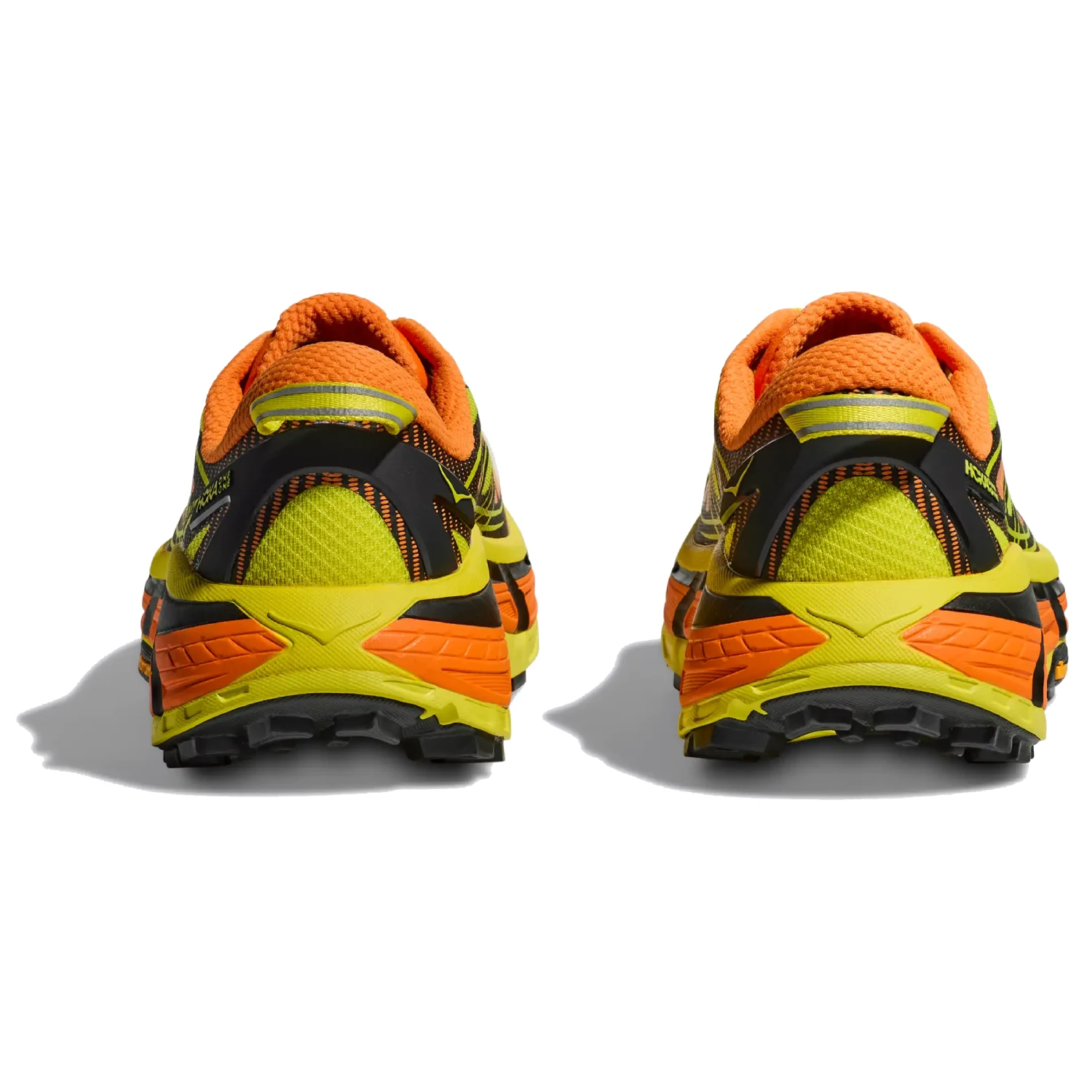 Hoka Mafate Speed 2 Electric Tangerine/Hoka Citrus back view in a white background