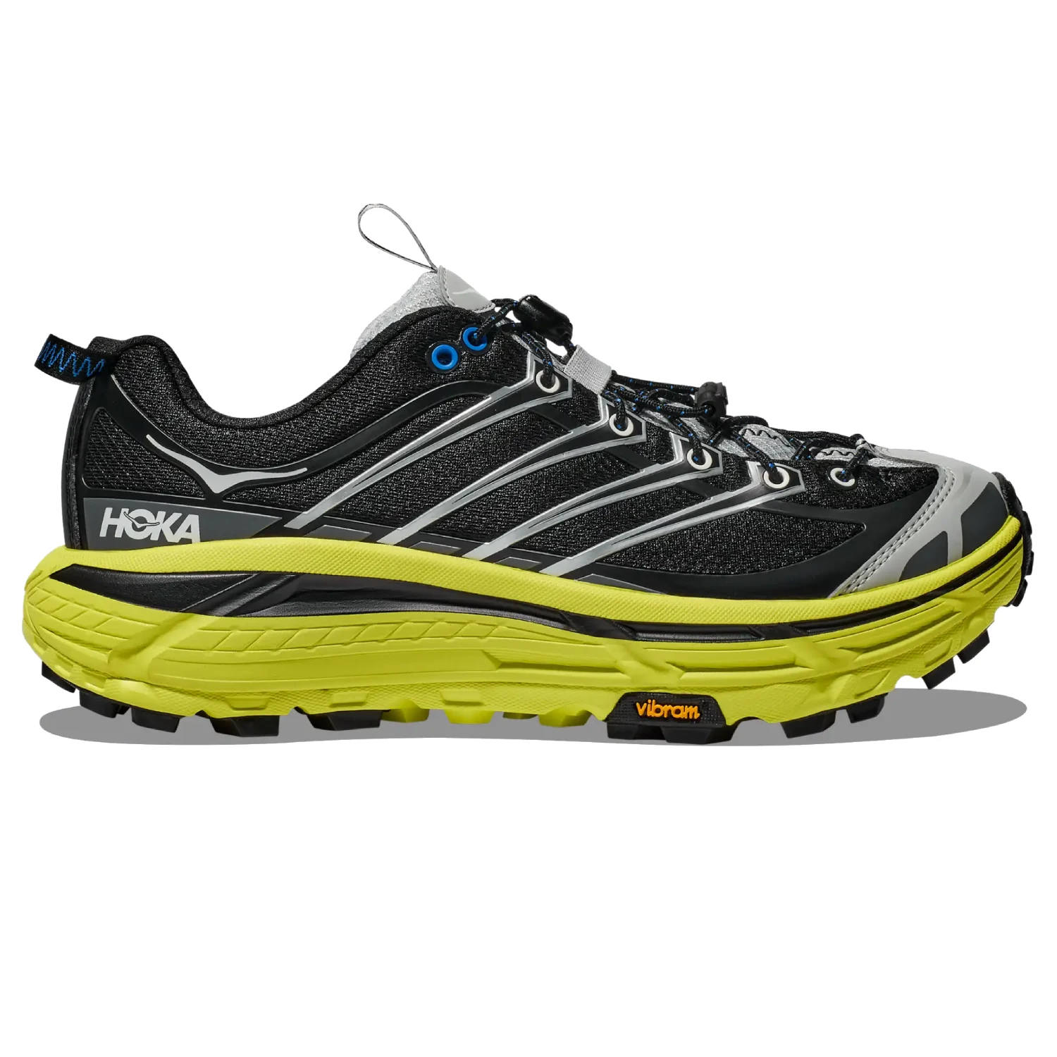 Hoka Mafate Three2 Black Hoka Citrus side view in a white background