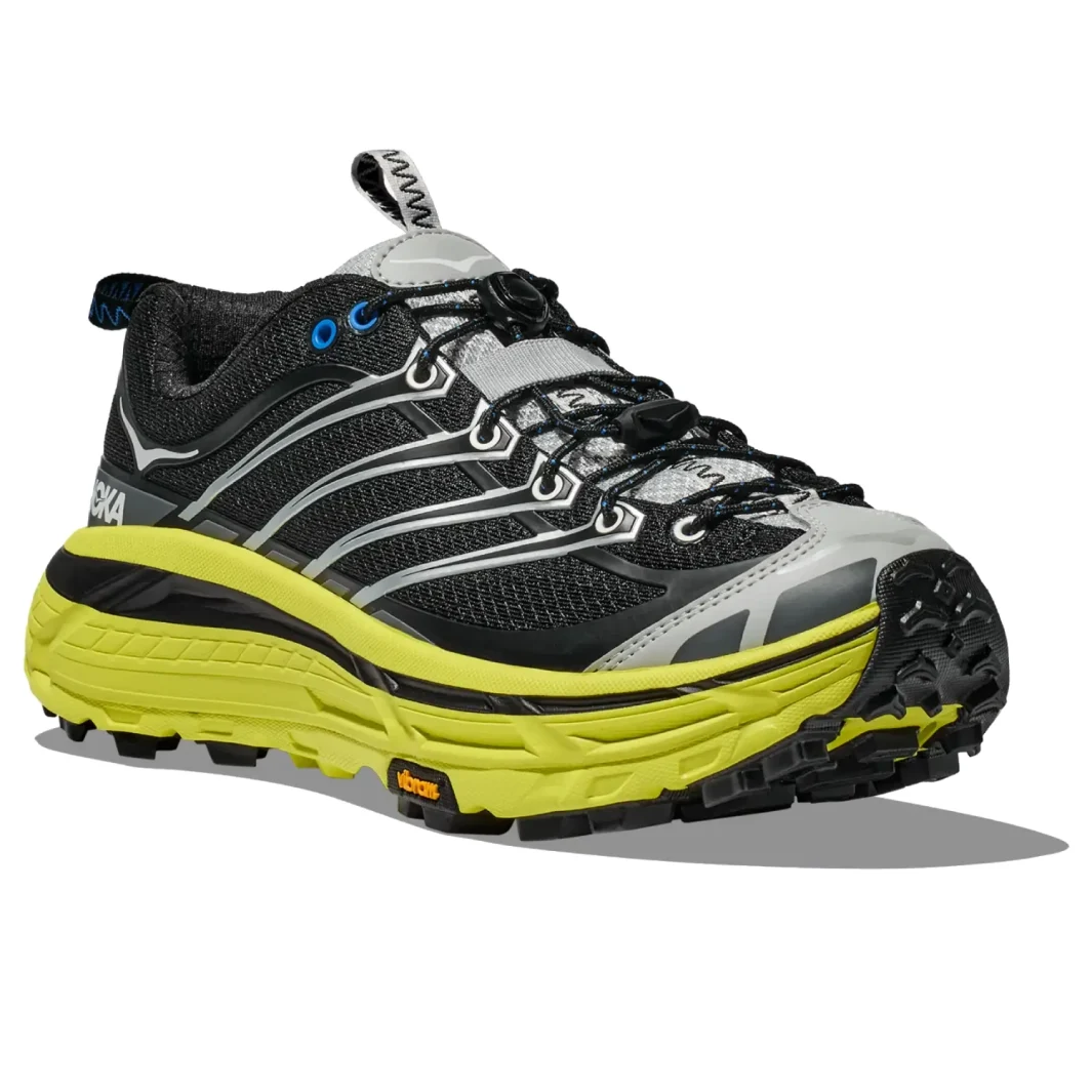 Hoka Mafate Three2 Black Hoka Citrus side view in a white background