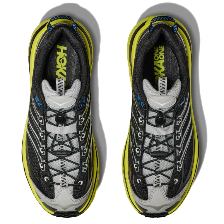 Hoka Mafate Three2 Black Hoka Citrus top view in a white background