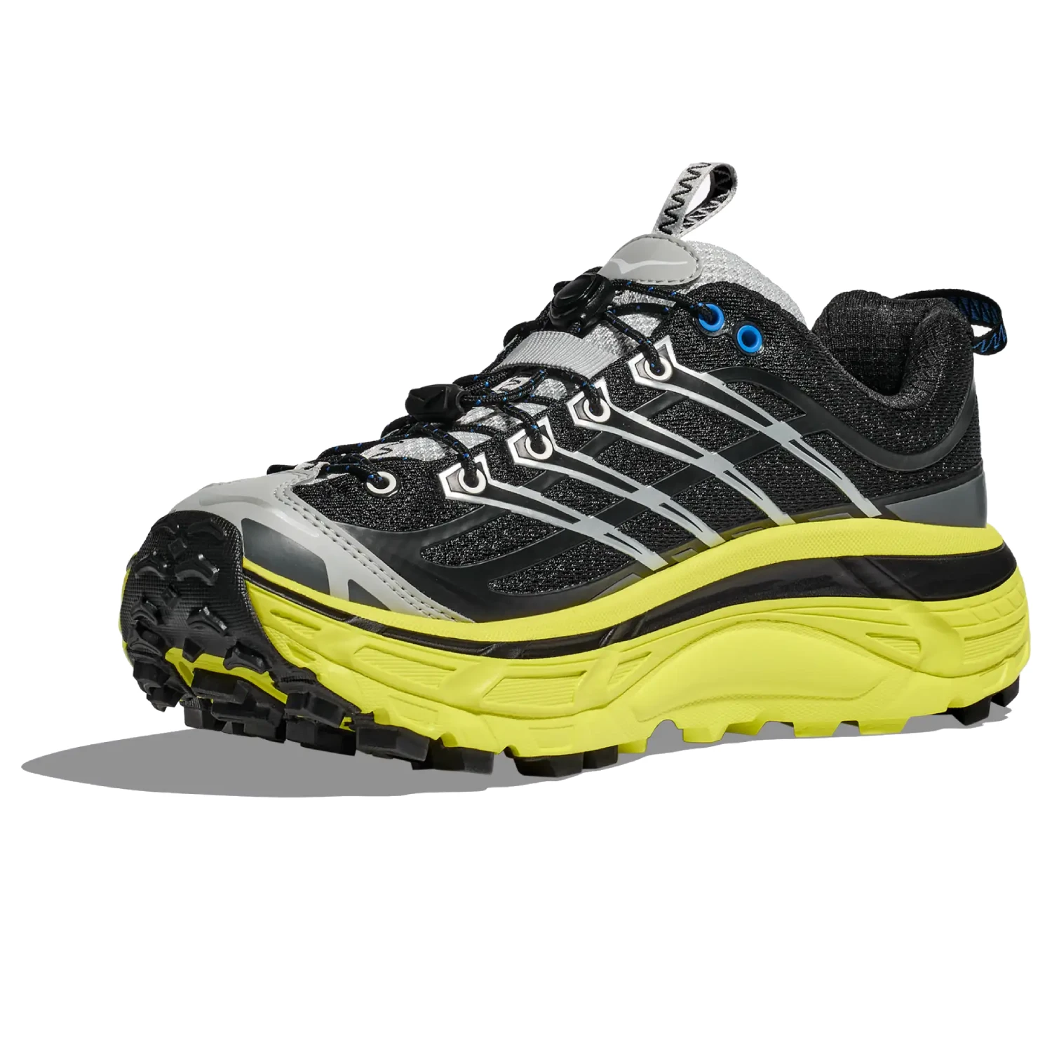 Hoka Mafate Three2 Black Hoka Citrus side view in a white background