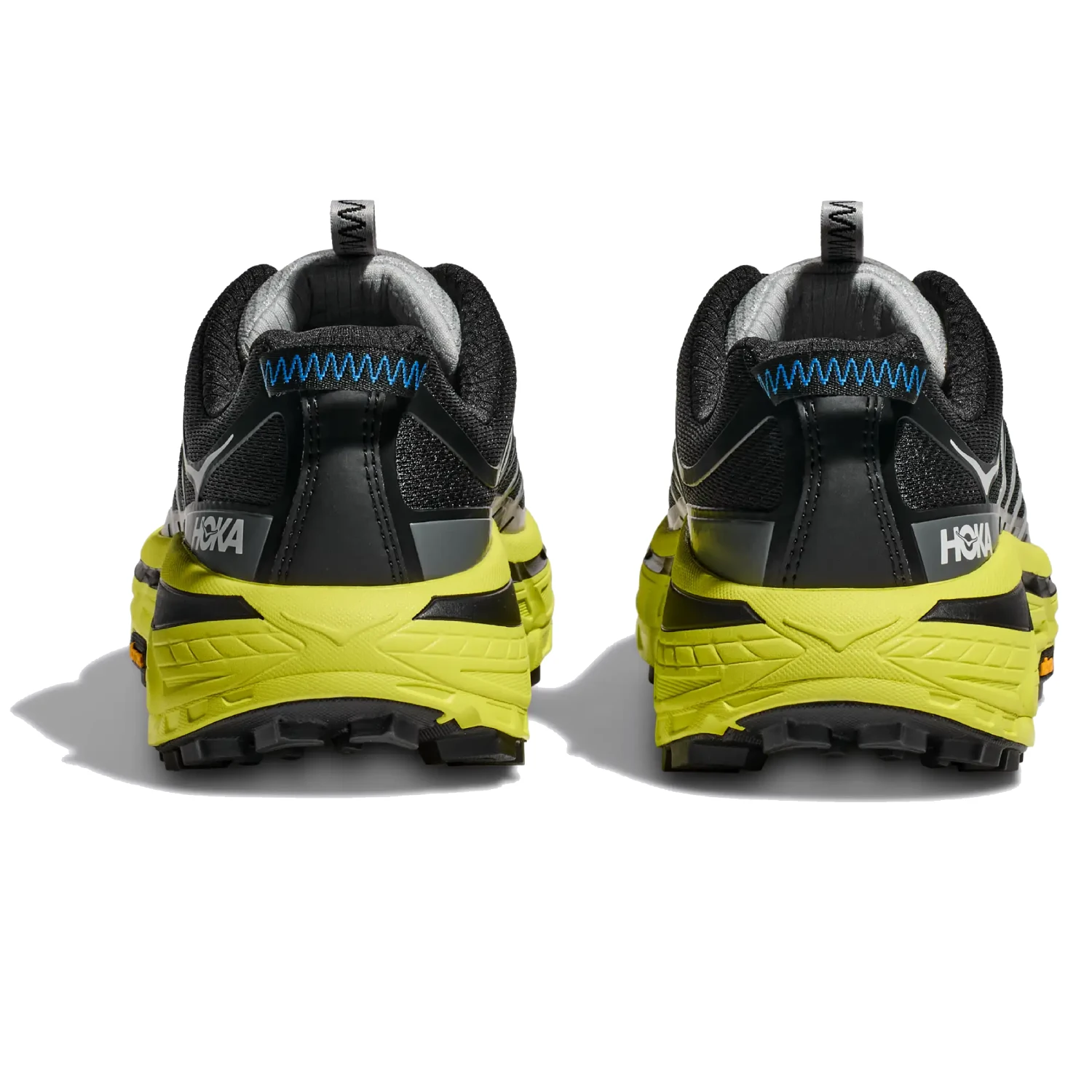 Hoka Mafate Three2 Black Hoka Citrus back view in a white background