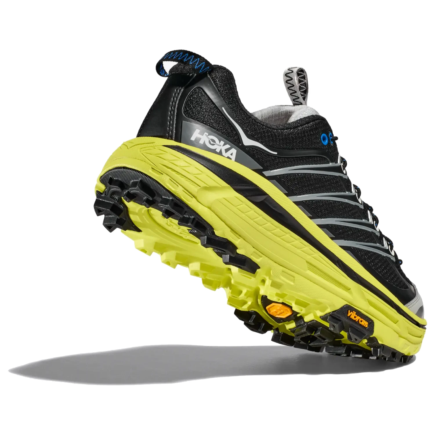 Hoka Mafate Three2 Black Hoka Citrus back/bottom view in a white background