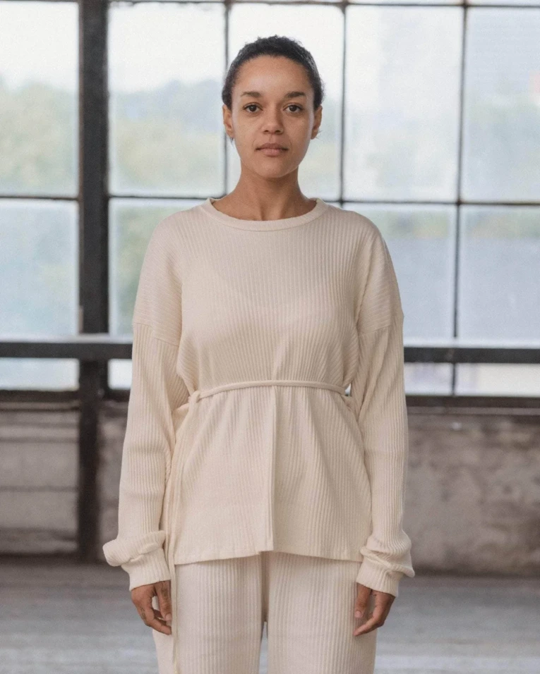 Baserange Shaw Long Sleeve Off-White front view on model