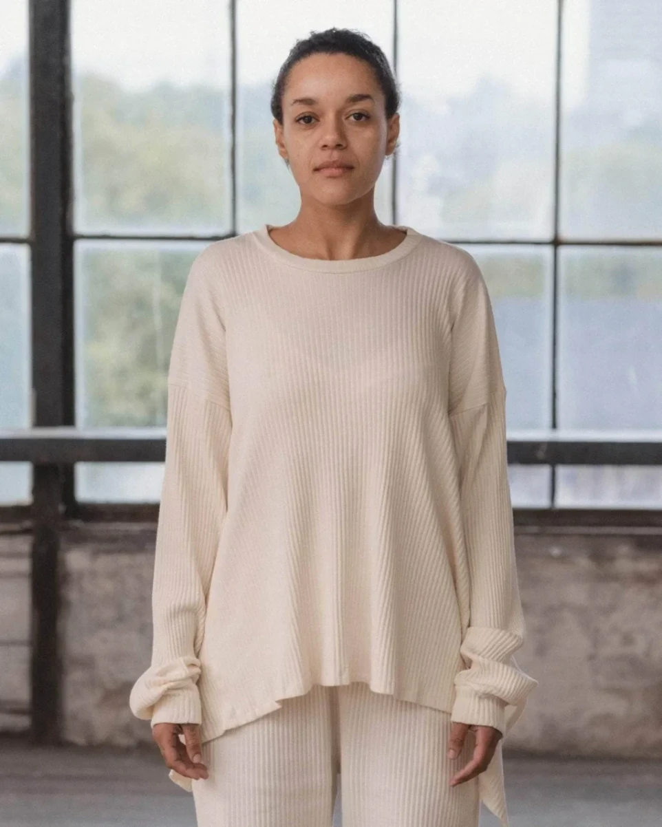 Baserange Shaw Long Sleeve Off-White front view on model