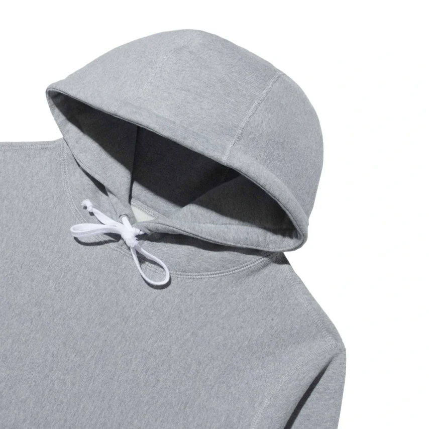 Noah Runner Hoodie Heather Grey front view hood detail in a white background