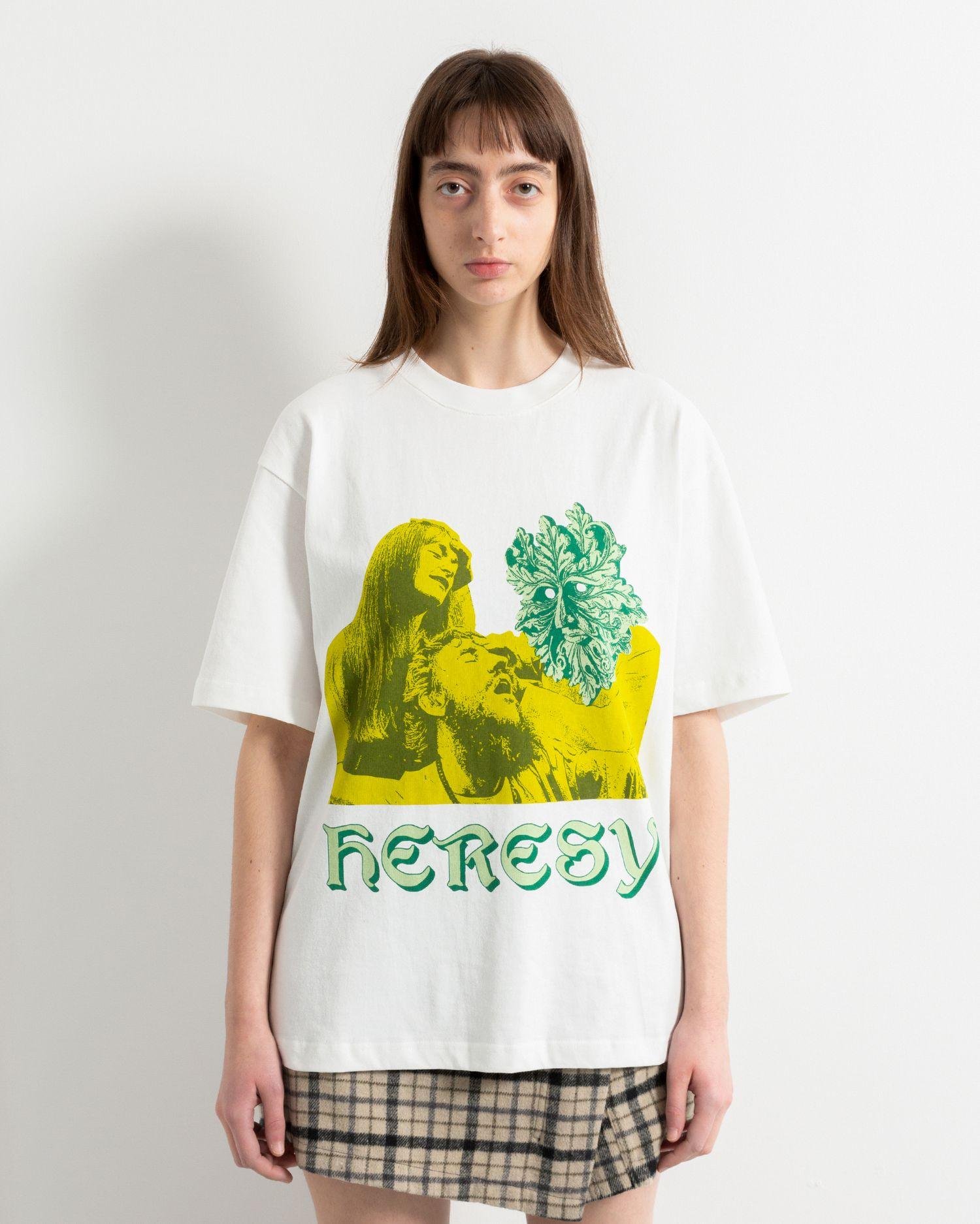 View of a person wearing the Heresy Healer T-Shirt Ecru from the front.