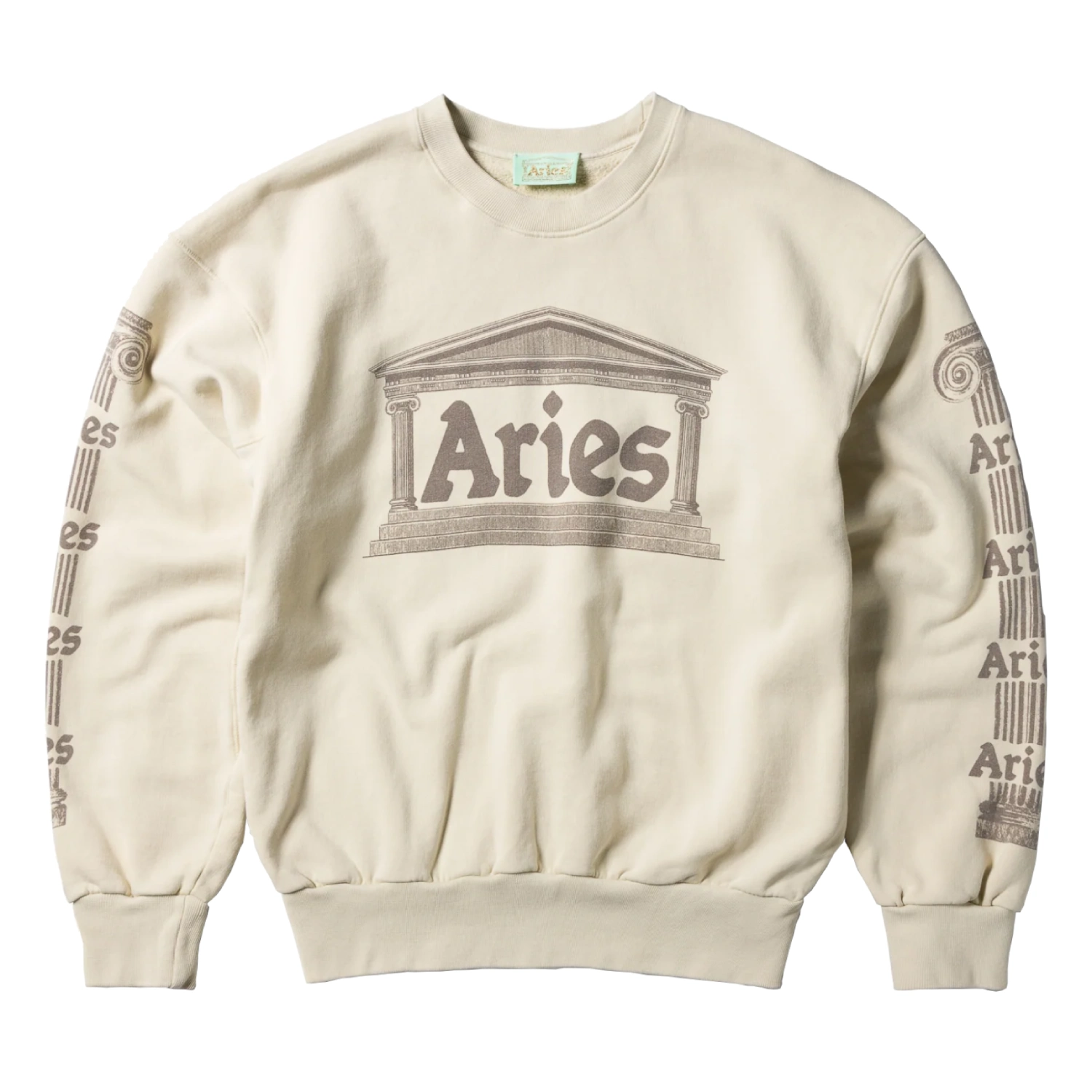 Aries Ancient Column Sweat Beige front view in a white background