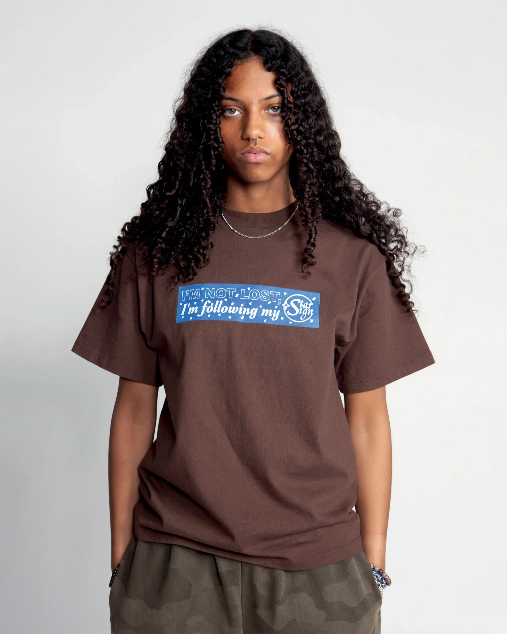 Aries Follow Your Starsign Tee Brown front view on model