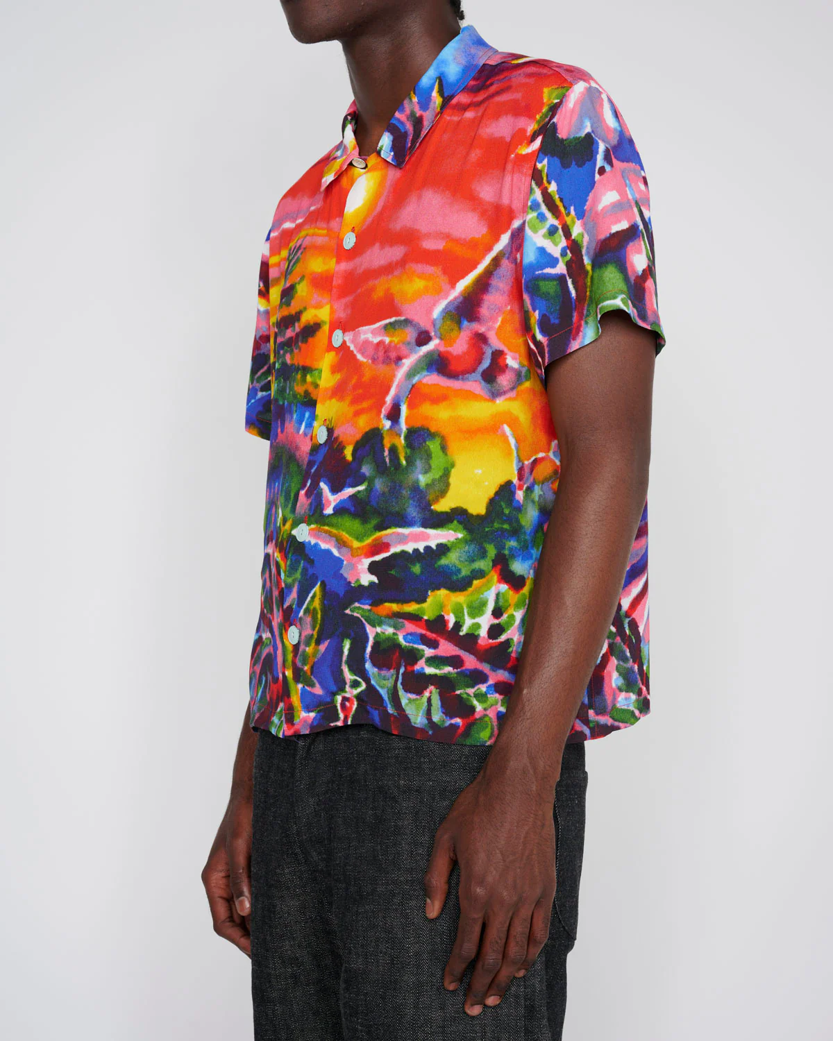 Brain Dead Forgotten Forest Short Sleeve Button Up Shirt front view on model