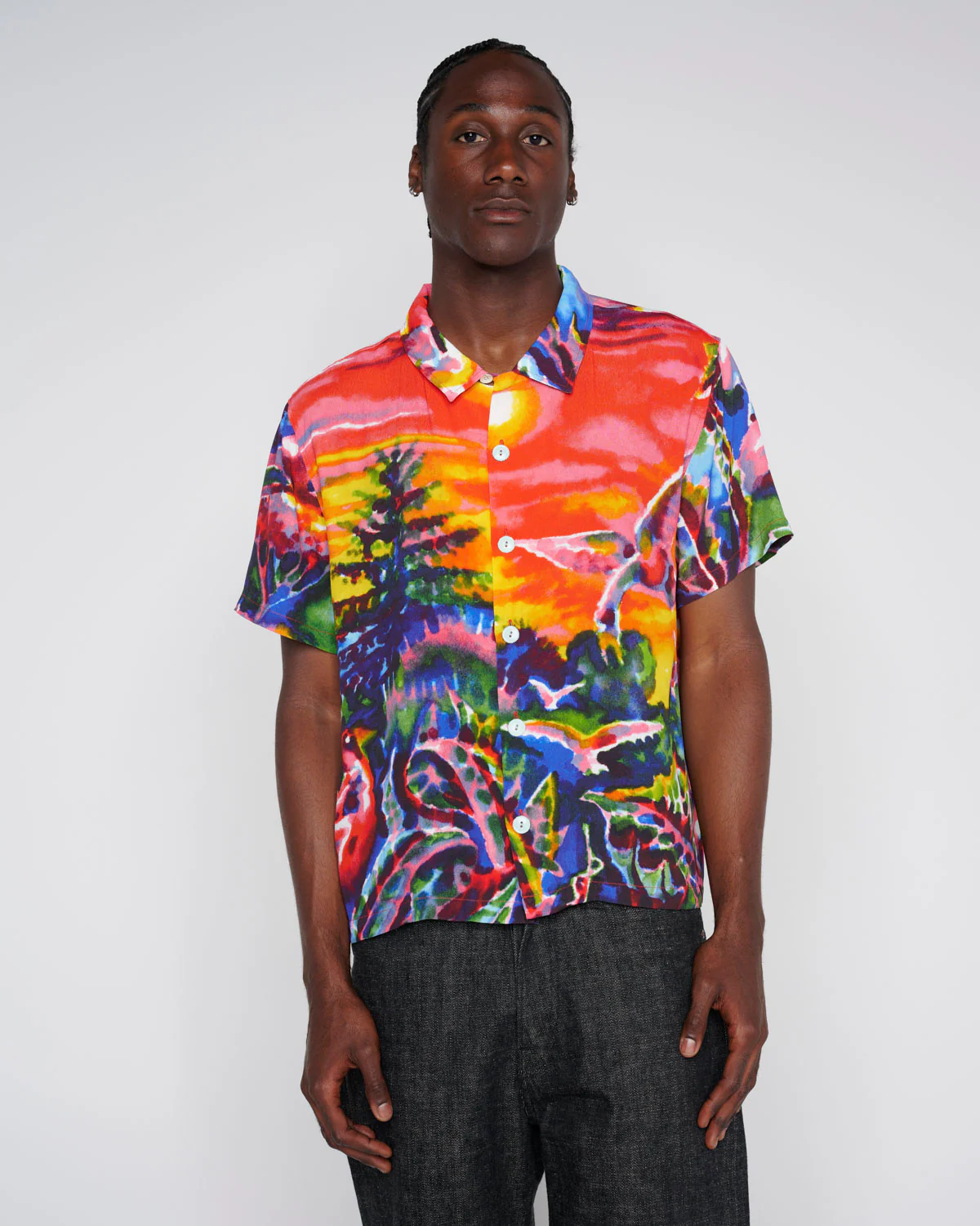 Brain Dead Forgotten Forest Short Sleeve Button Up Shirt front view on model