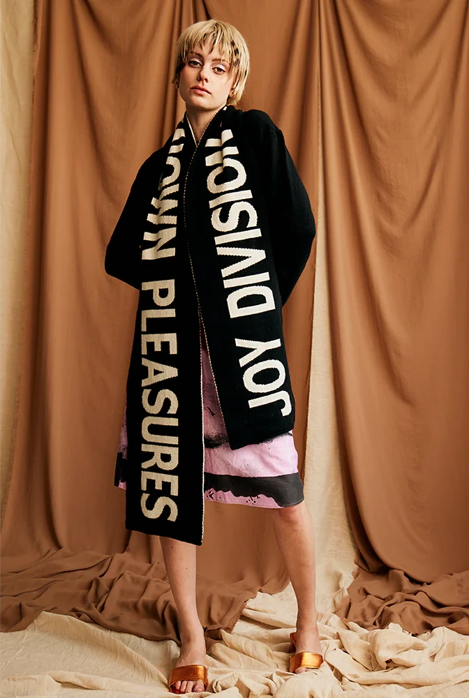 Hades Wool Joy Division Unknown Pleasures Scarf on model
