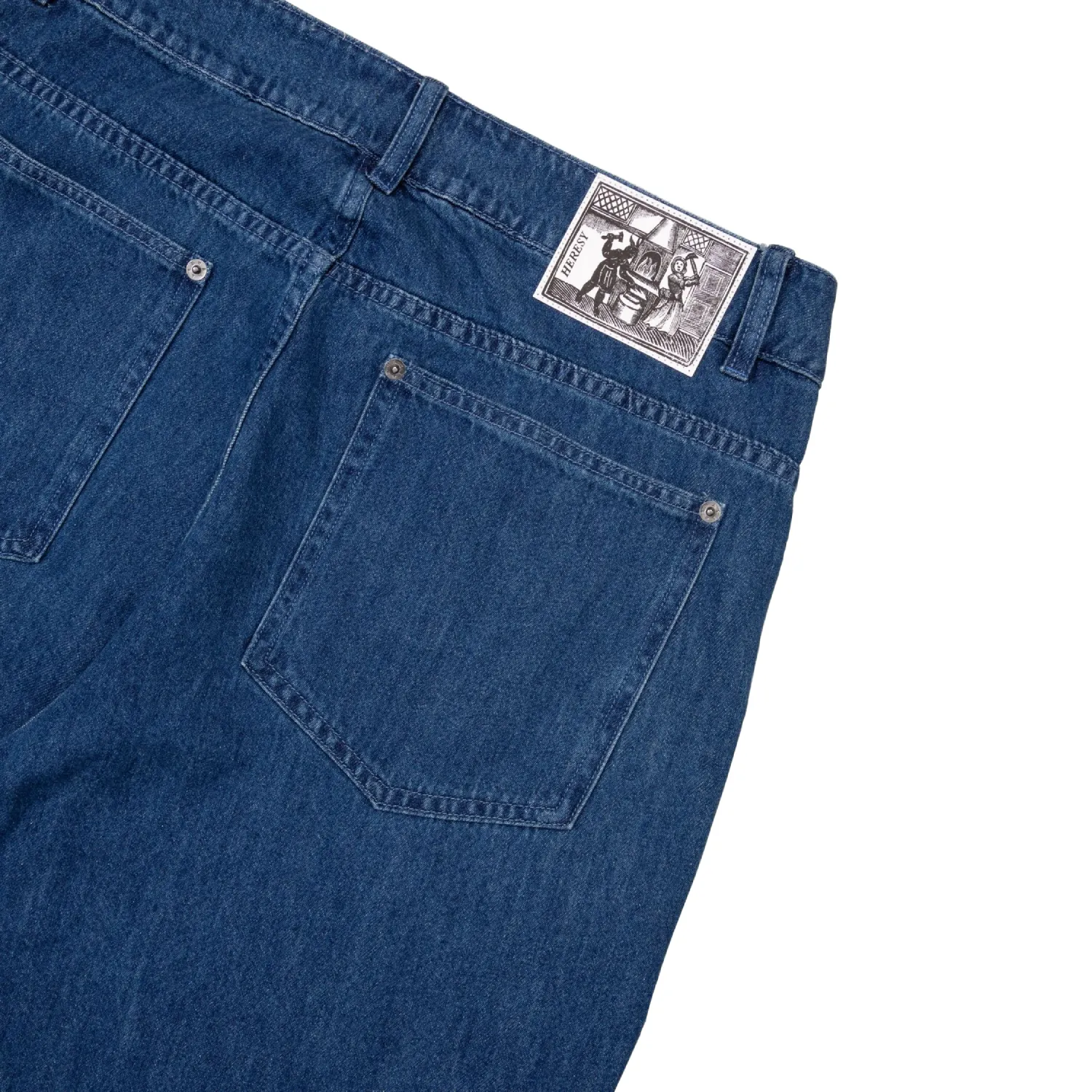 Heresy Primitive Jeans back view detail in a white background