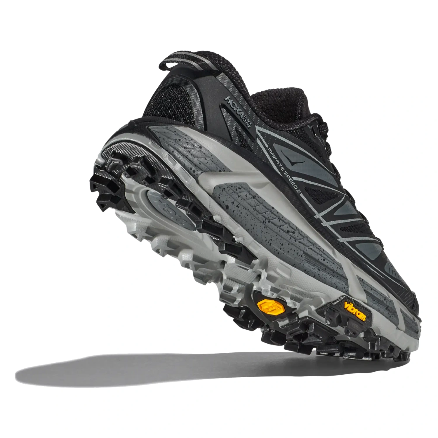 Hoka Mafate Speed 2 Black bottom/side view in a white background