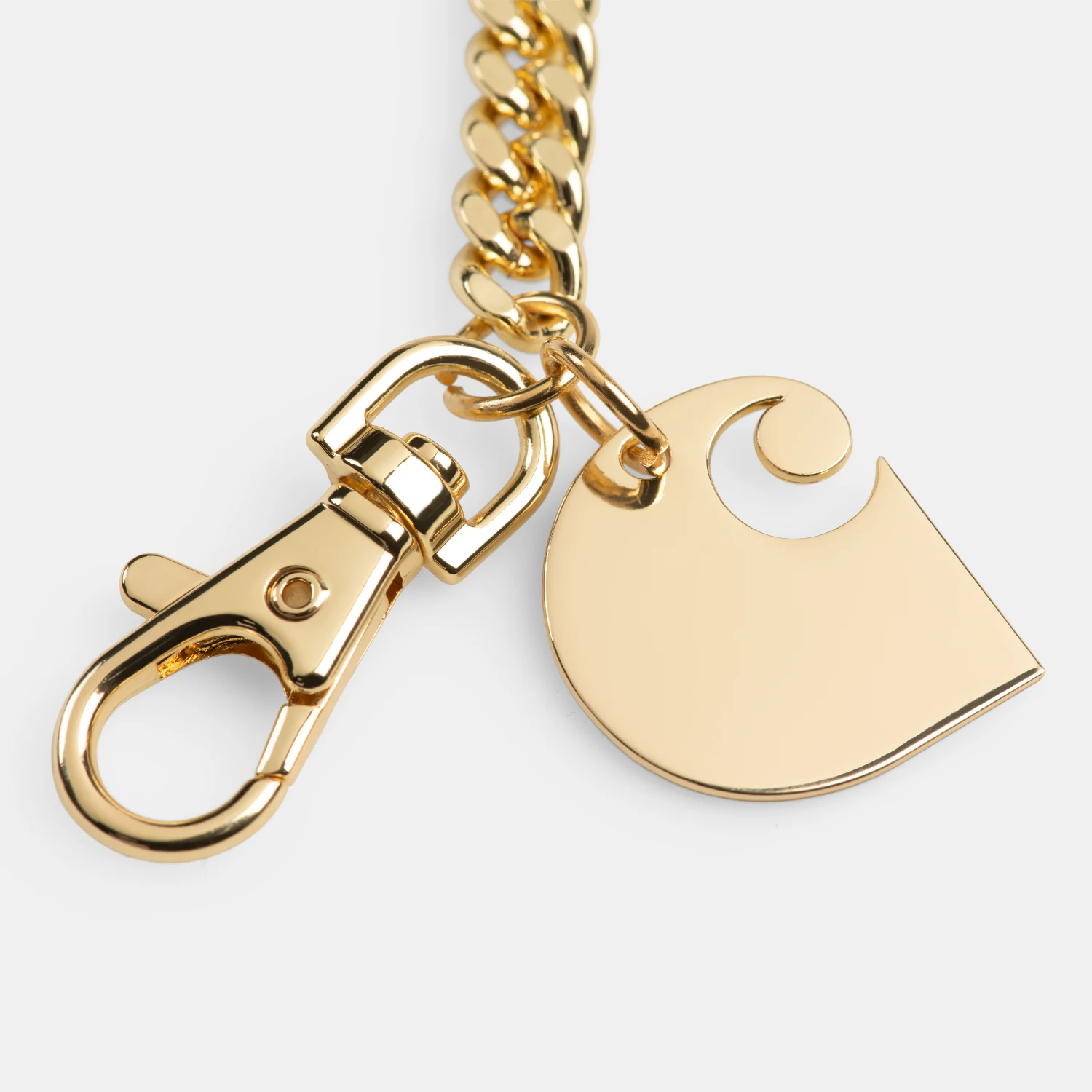 Carhartt WIP Cuban Link Keychain Gold logo detail in a grey background