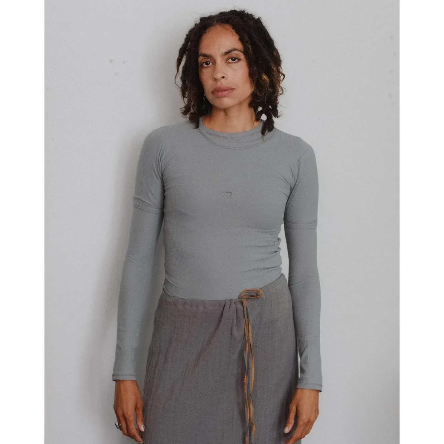 Baserange Heart Long Sleeve Tee Bow Blue front view on model in a white background