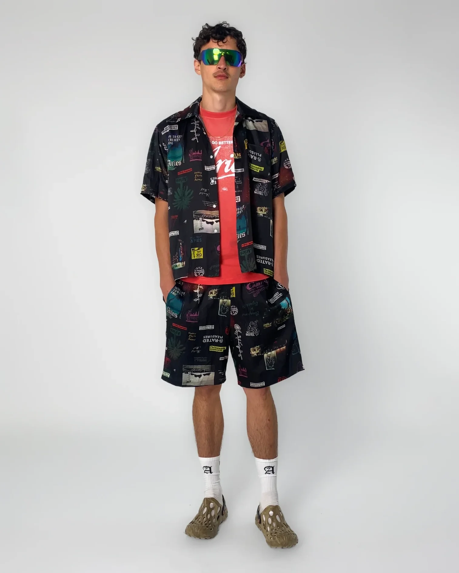 Aries Motel Luxe Shorts front view on model