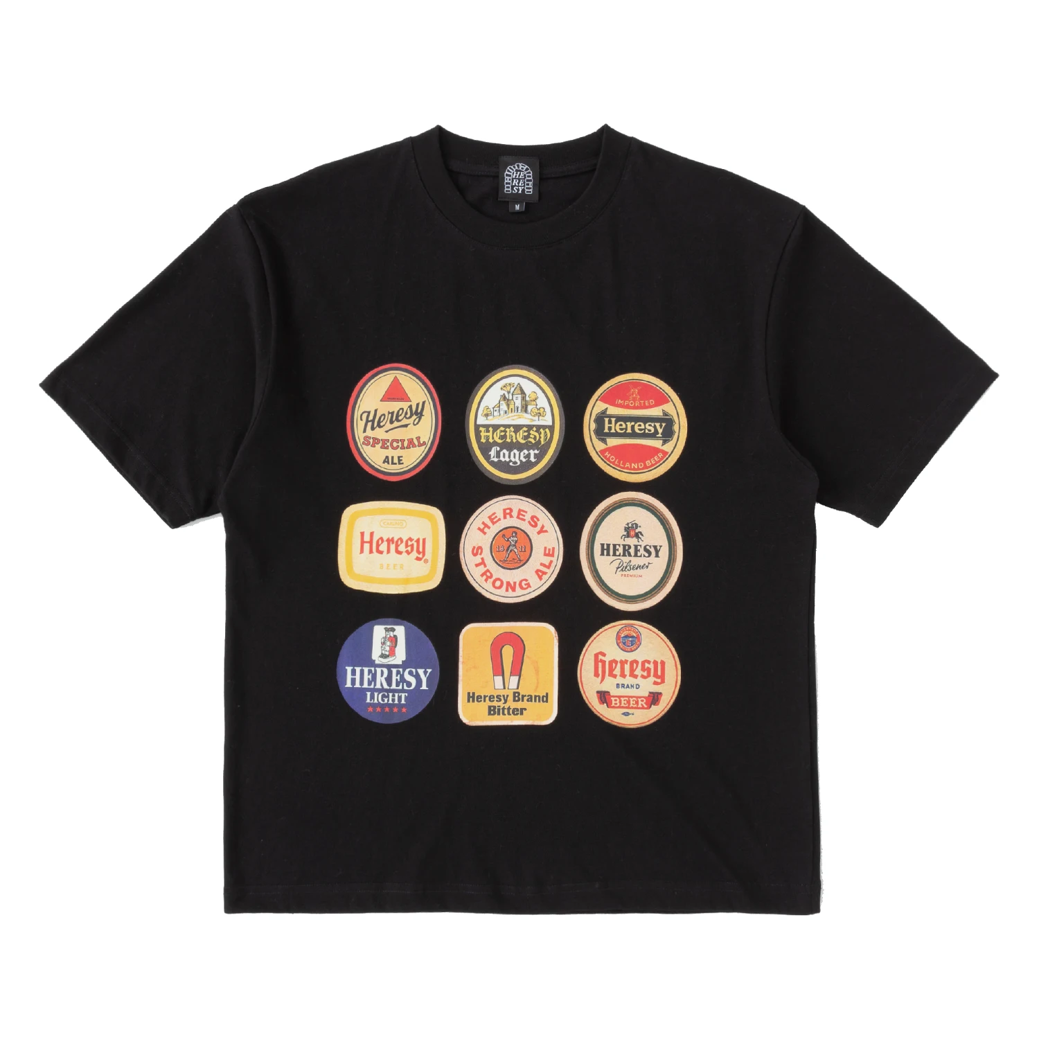Heresy Beer Tshirt Black front view in a white background