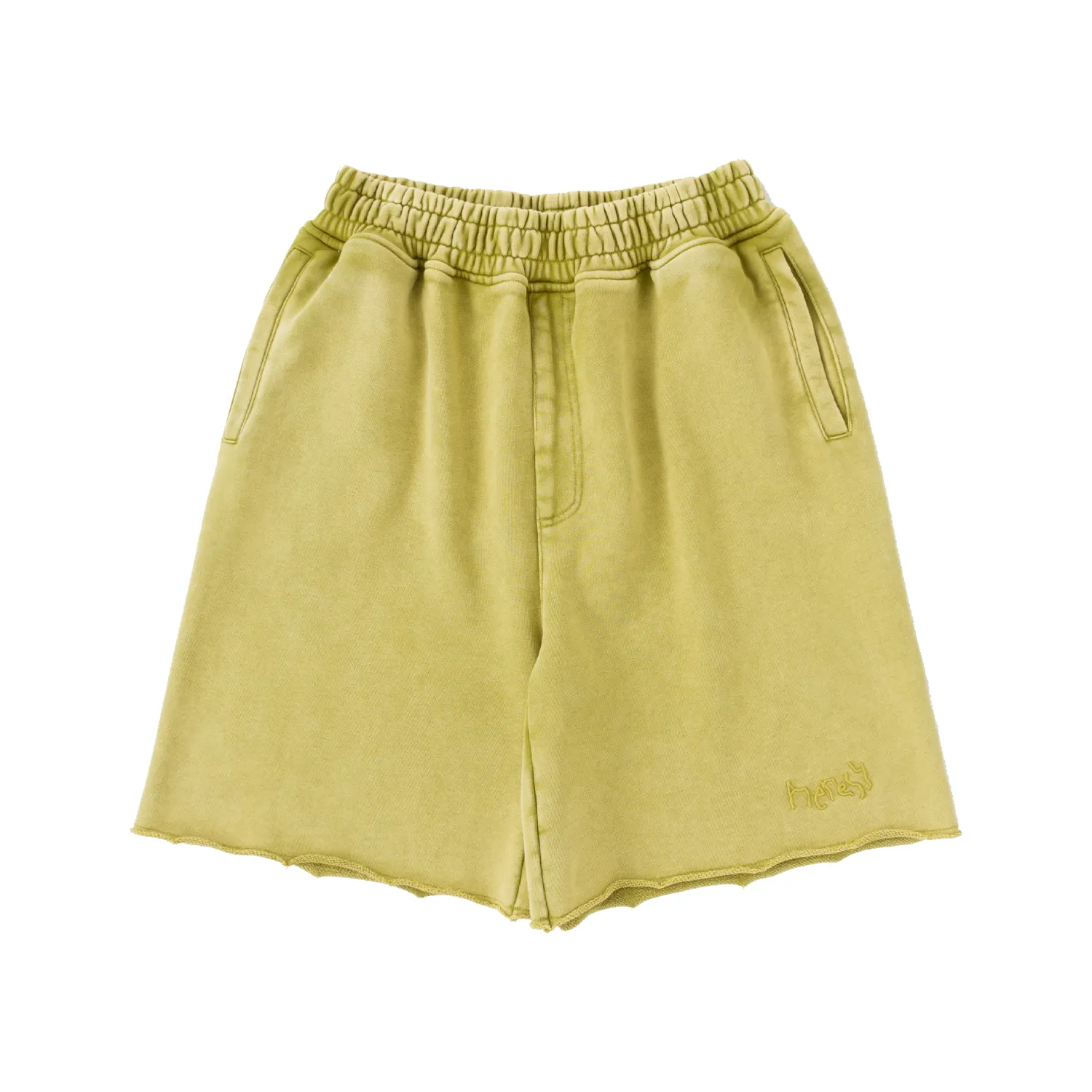 Heresy Scrawl Shorts Green front view in a white background