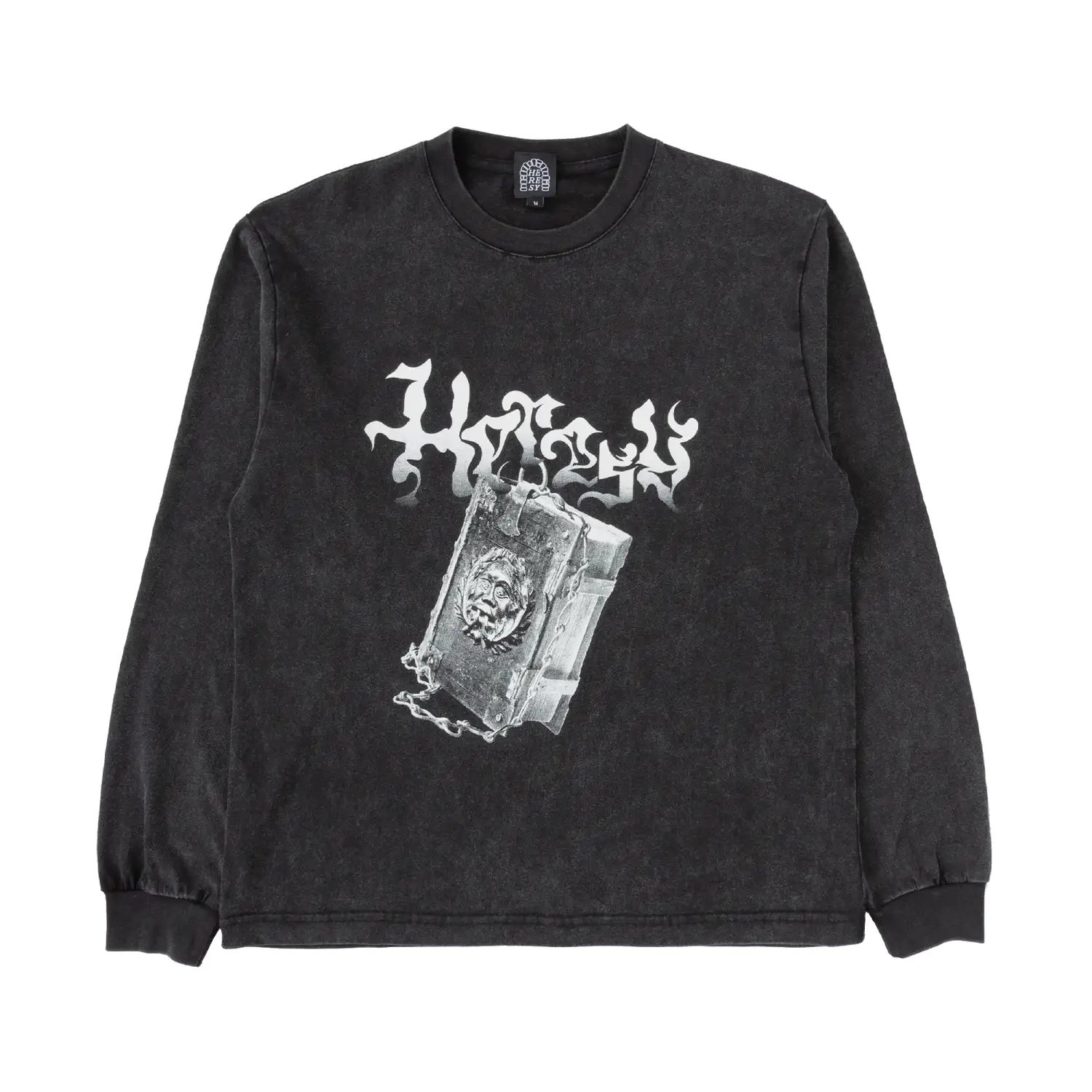 Heresy Tome Ash Long Sleeve T-Shirt front view in a white background