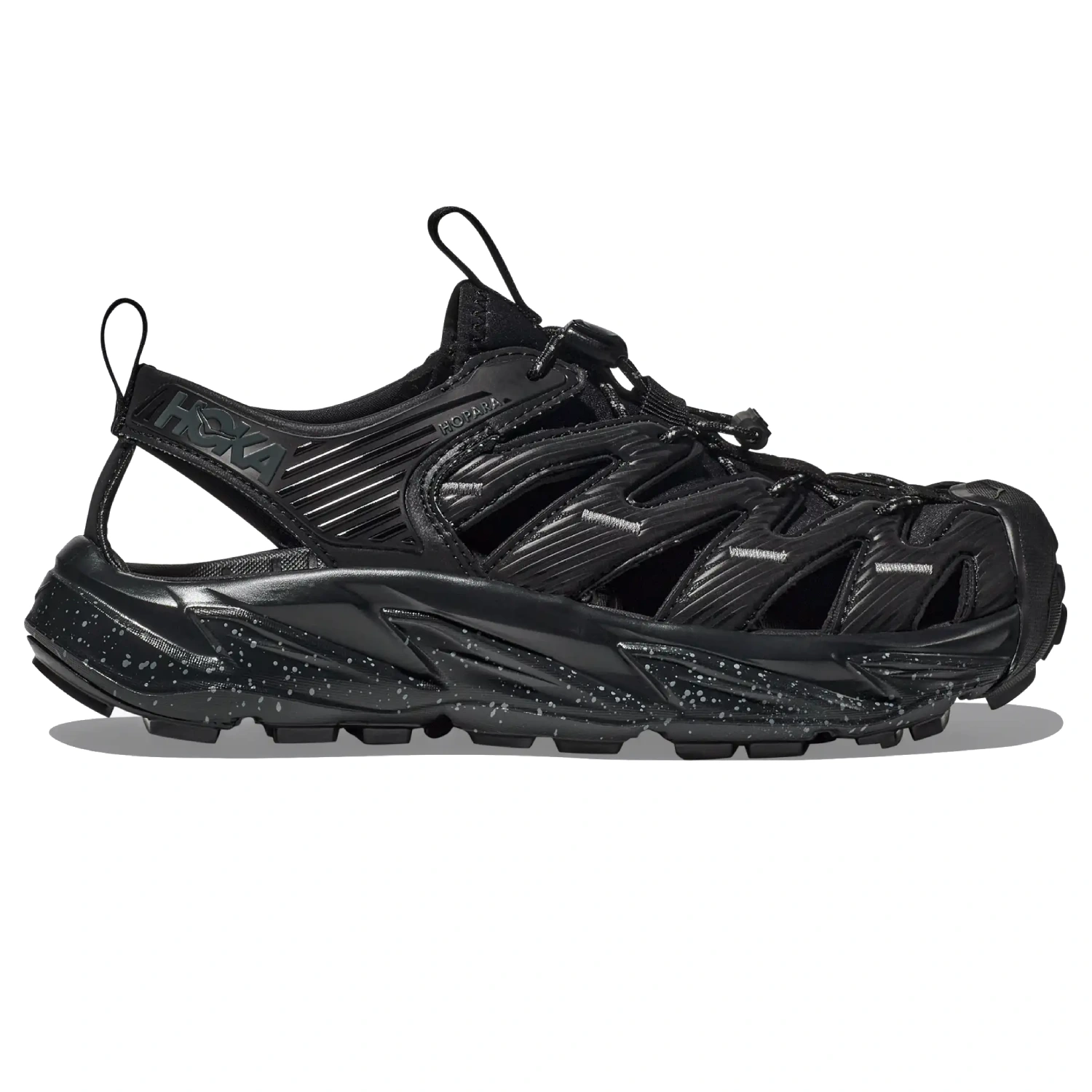 Hoka Hopara Black/Castlerock side view in a white background