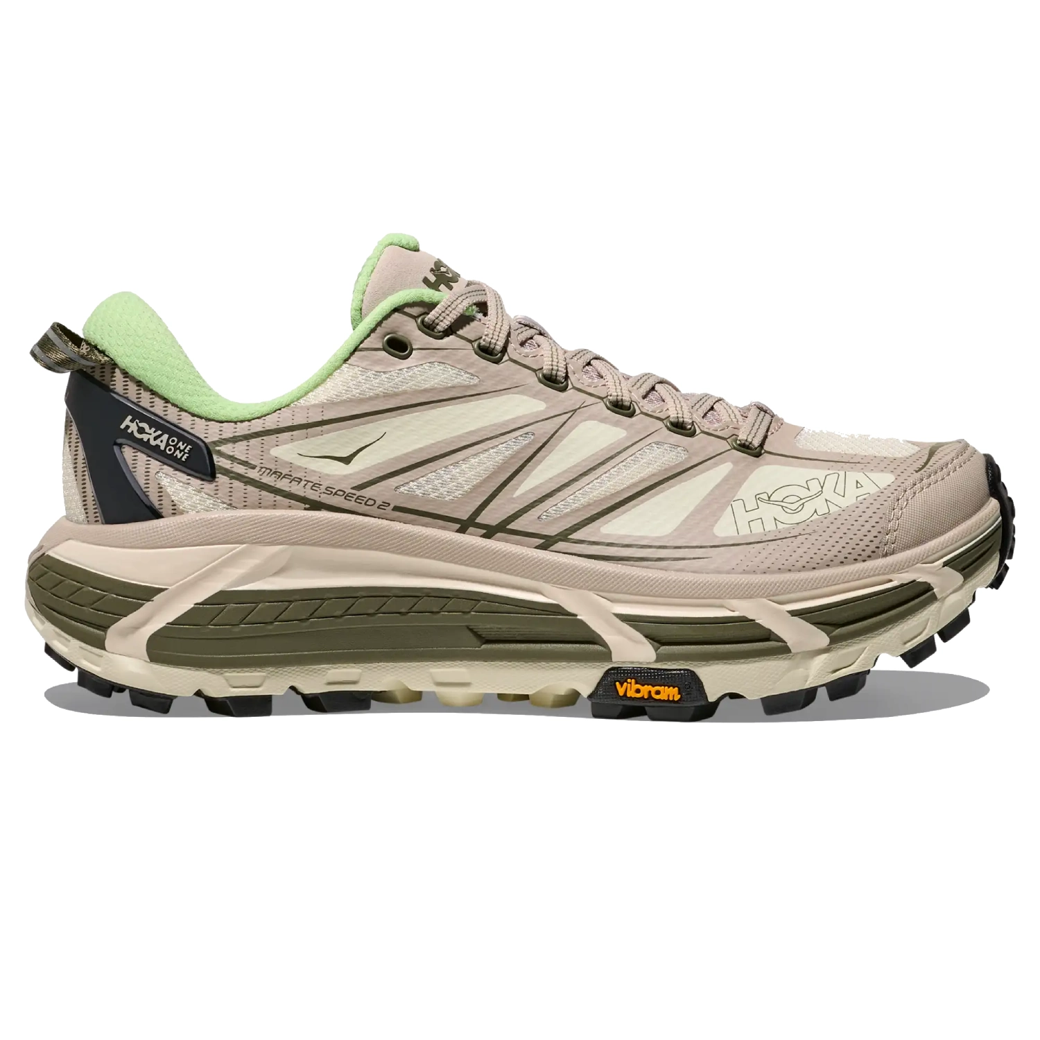 Hoka Mafate Speed 2 Putty/Eucalyptus side view in a white background