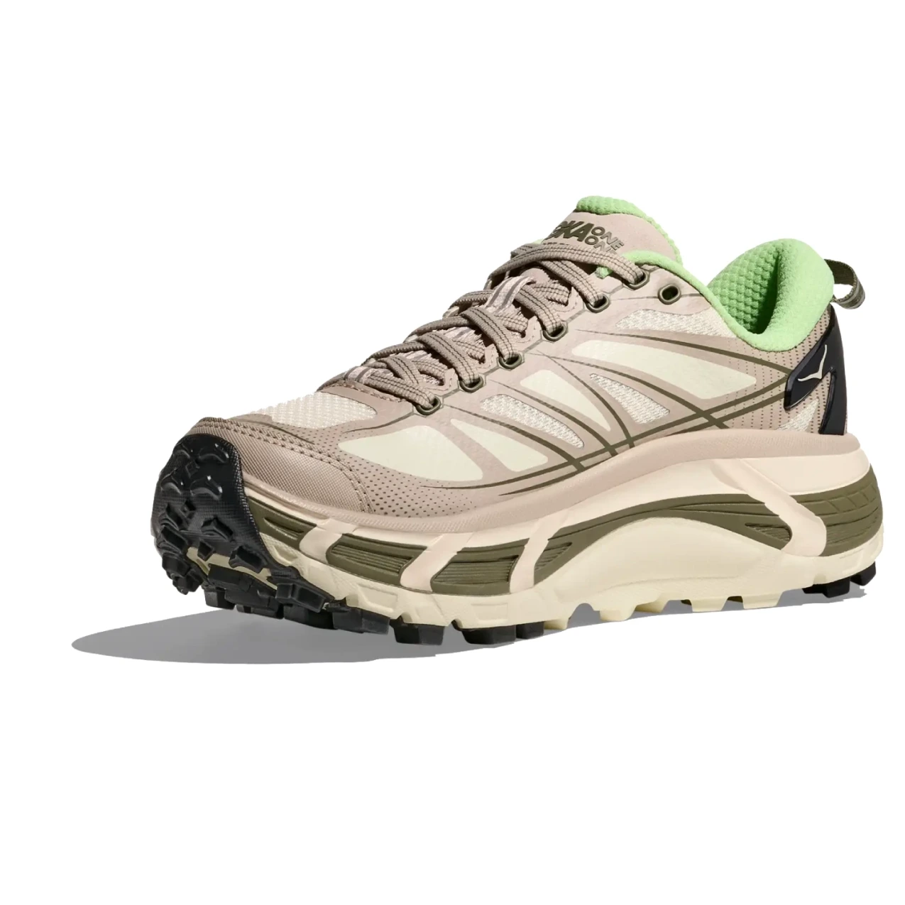 Hoka Mafate Speed 2 Putty/Eucalyptus side view in a white background