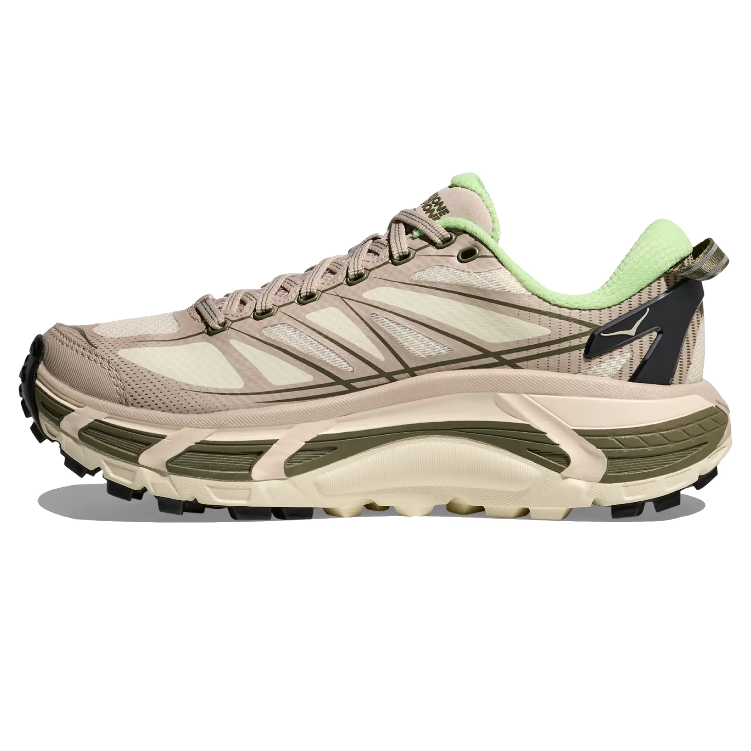 Hoka Mafate Speed 2 Putty/Eucalyptus side view in a white background